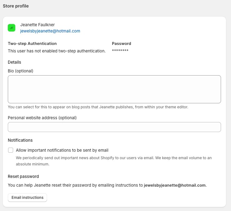 Shopify additional user details form showing optional profile fields