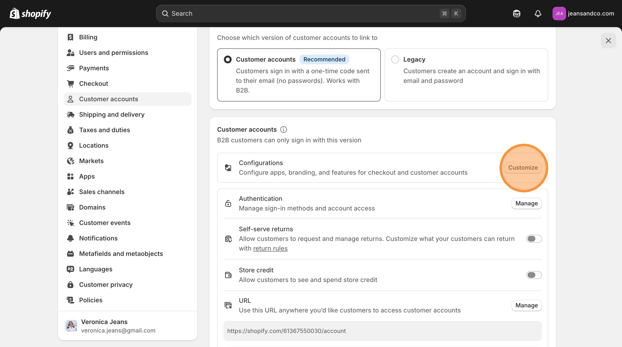 Shopify Configurations section with Customize button for checkout and customer accounts