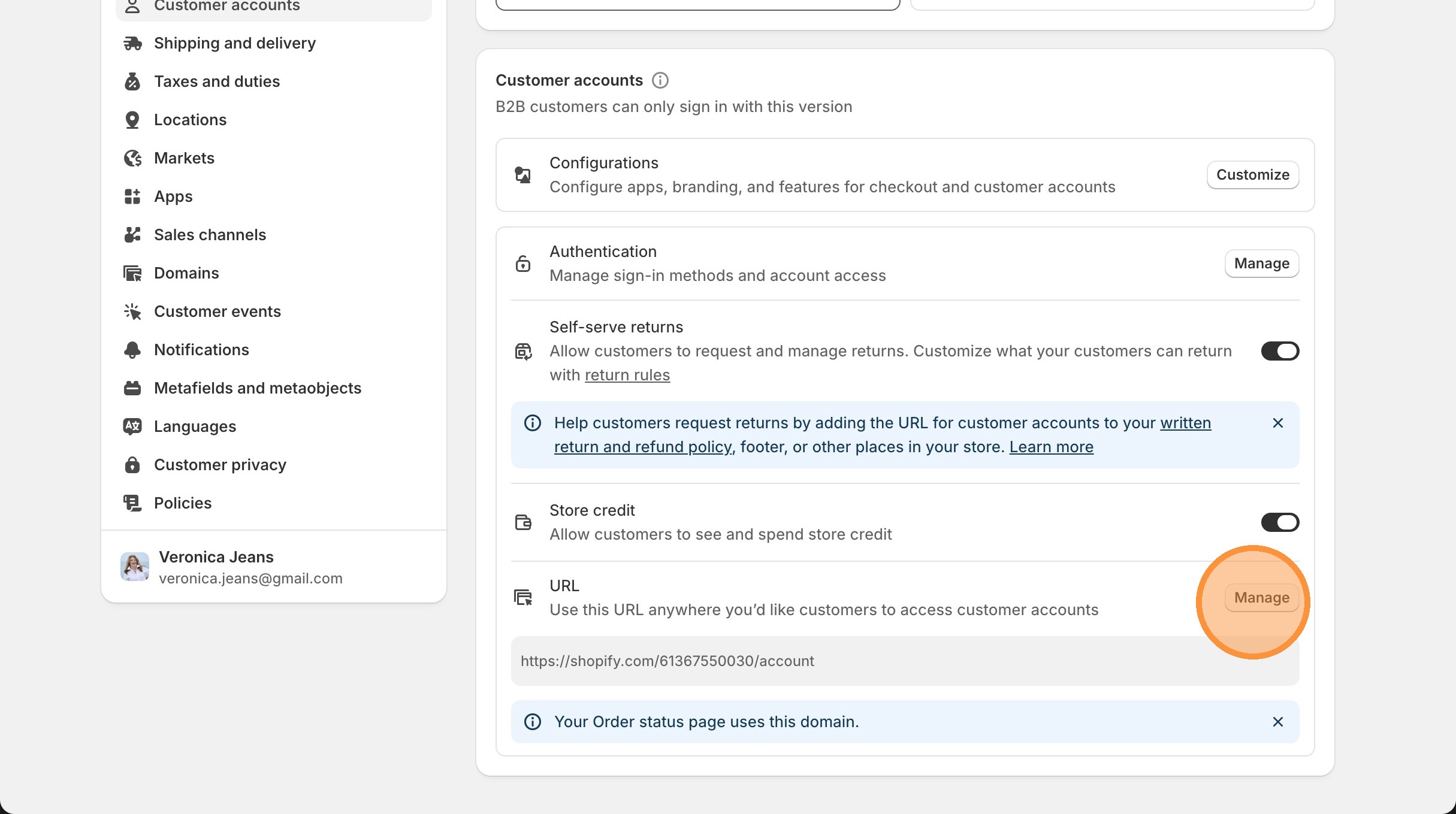 Shopify custom domain setup for customer accounts sub-domain