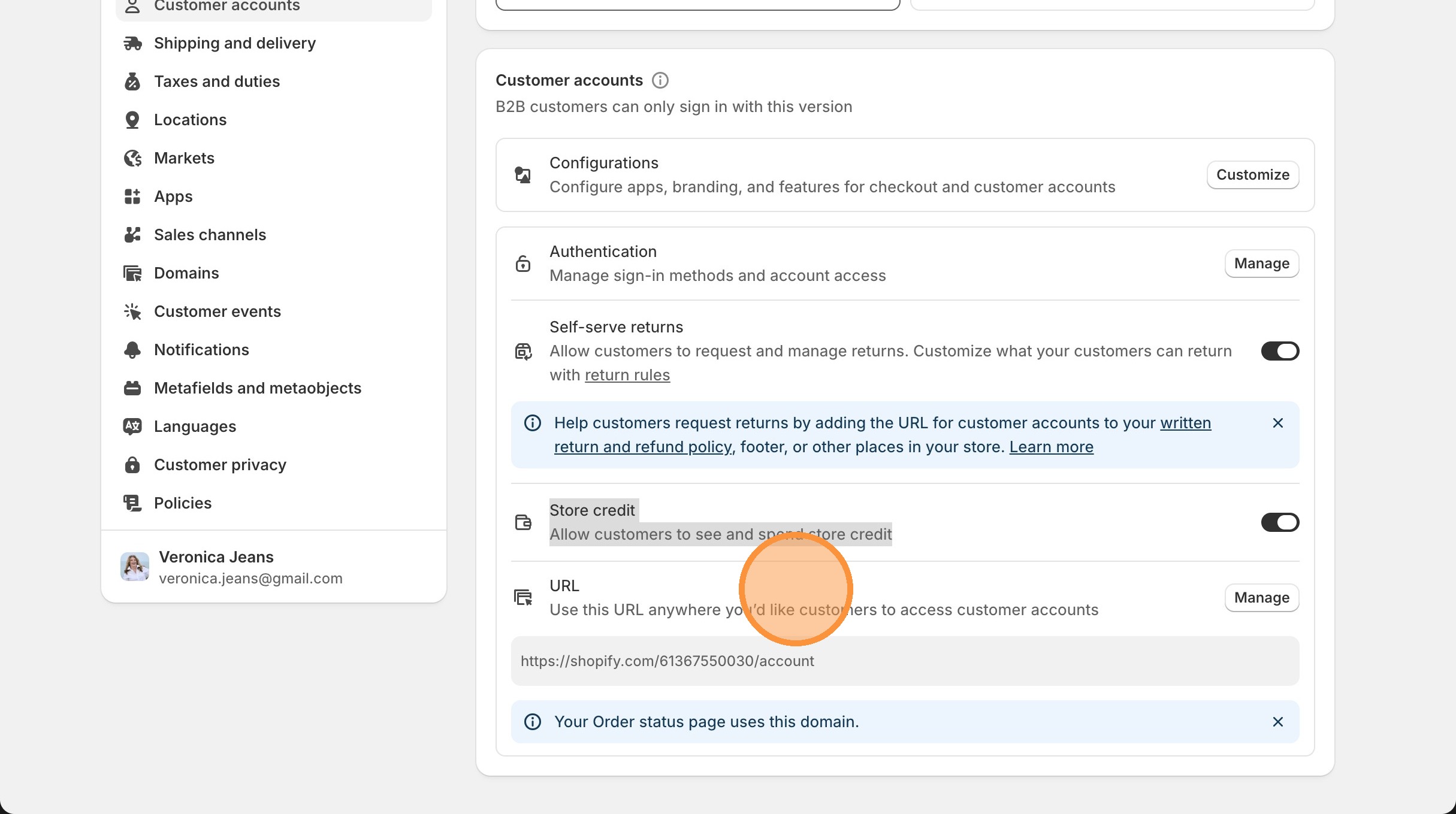 Shopify customer accounts URL for order status page and account access