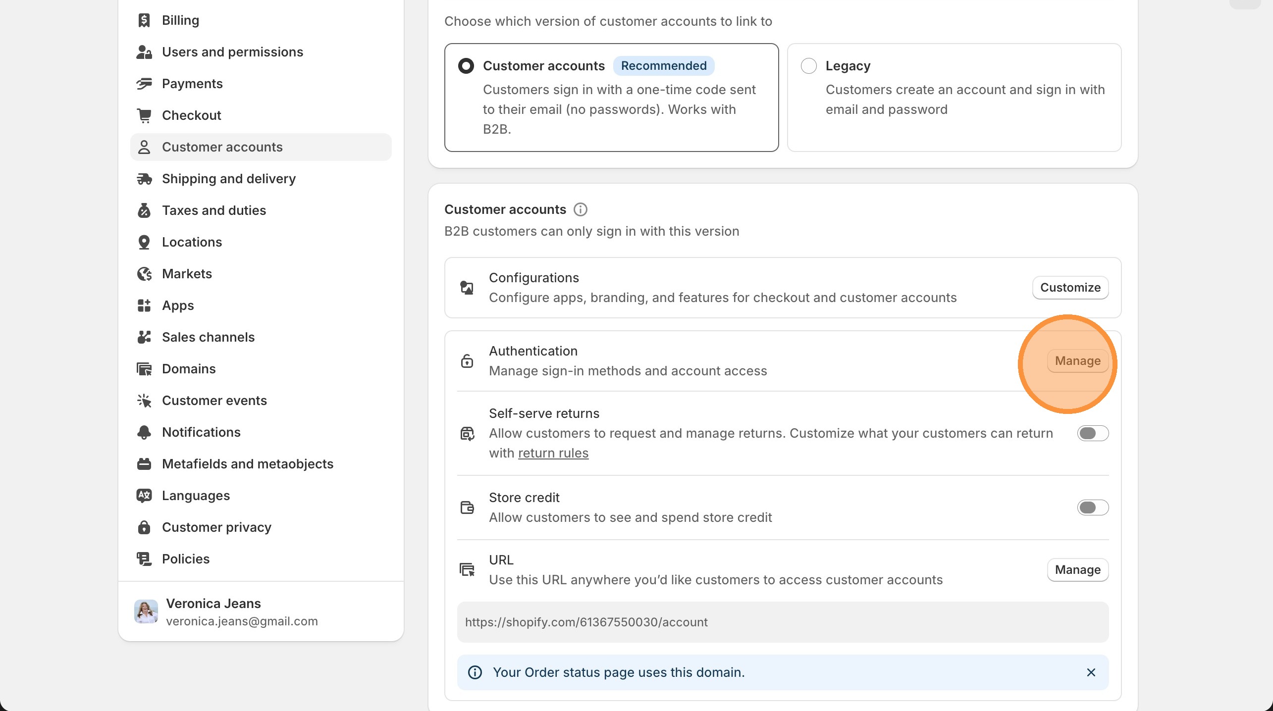 Shopify Authentication section showing manage sign-in methods