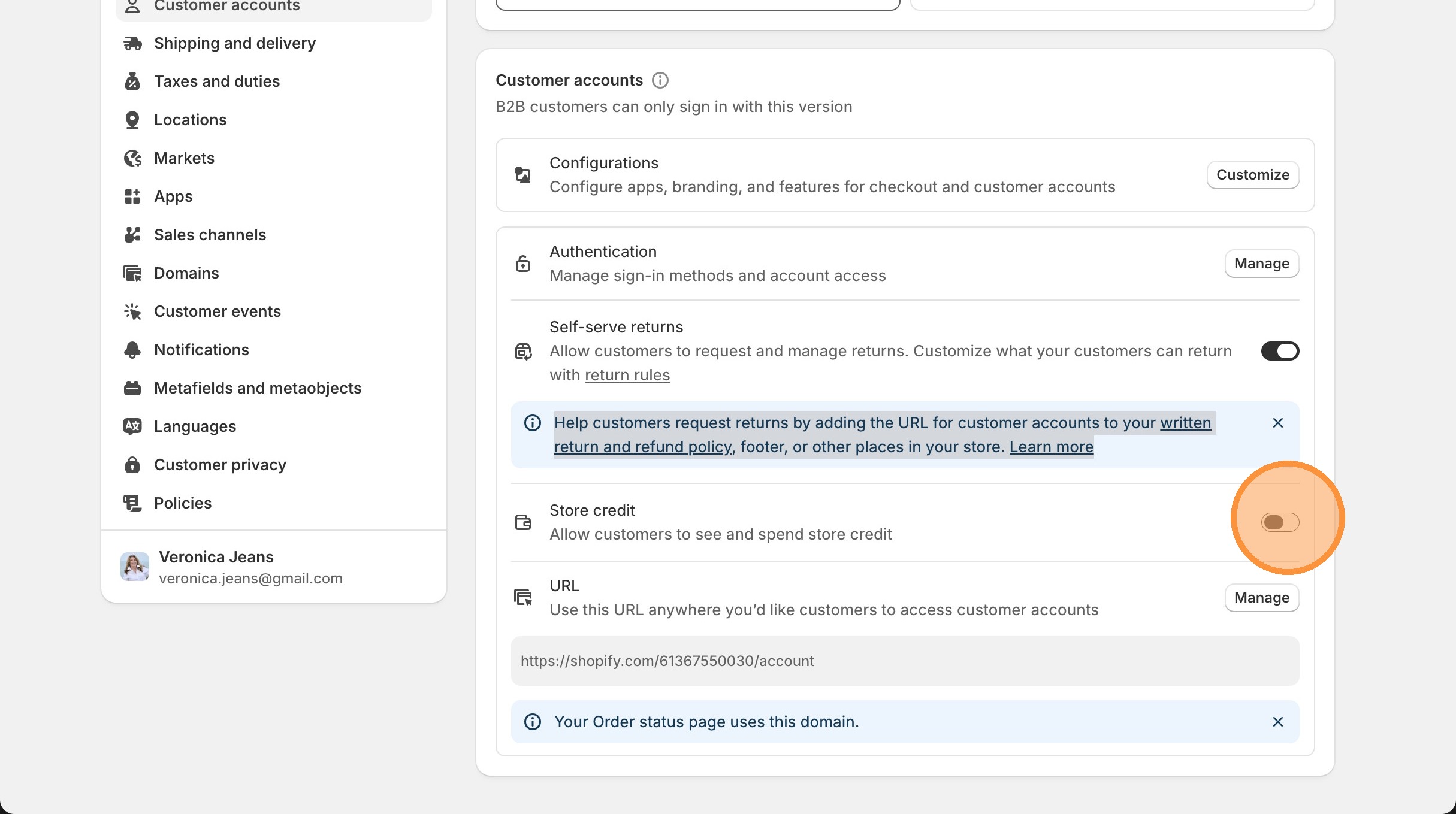 Shopify self-serve returns and store credit settings for customer accounts