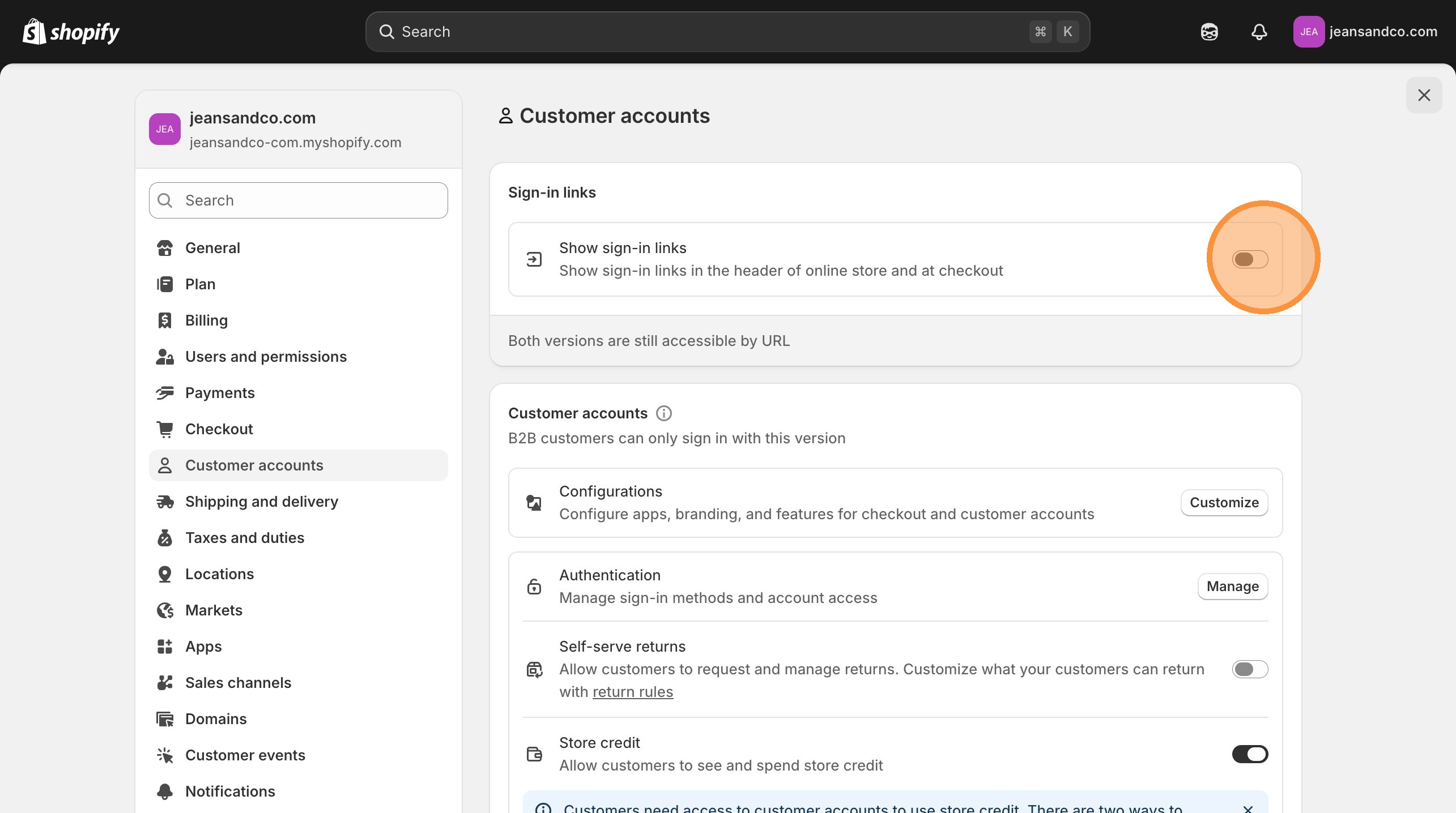 Shopify Sign-in links setting activated showing header and checkout placement