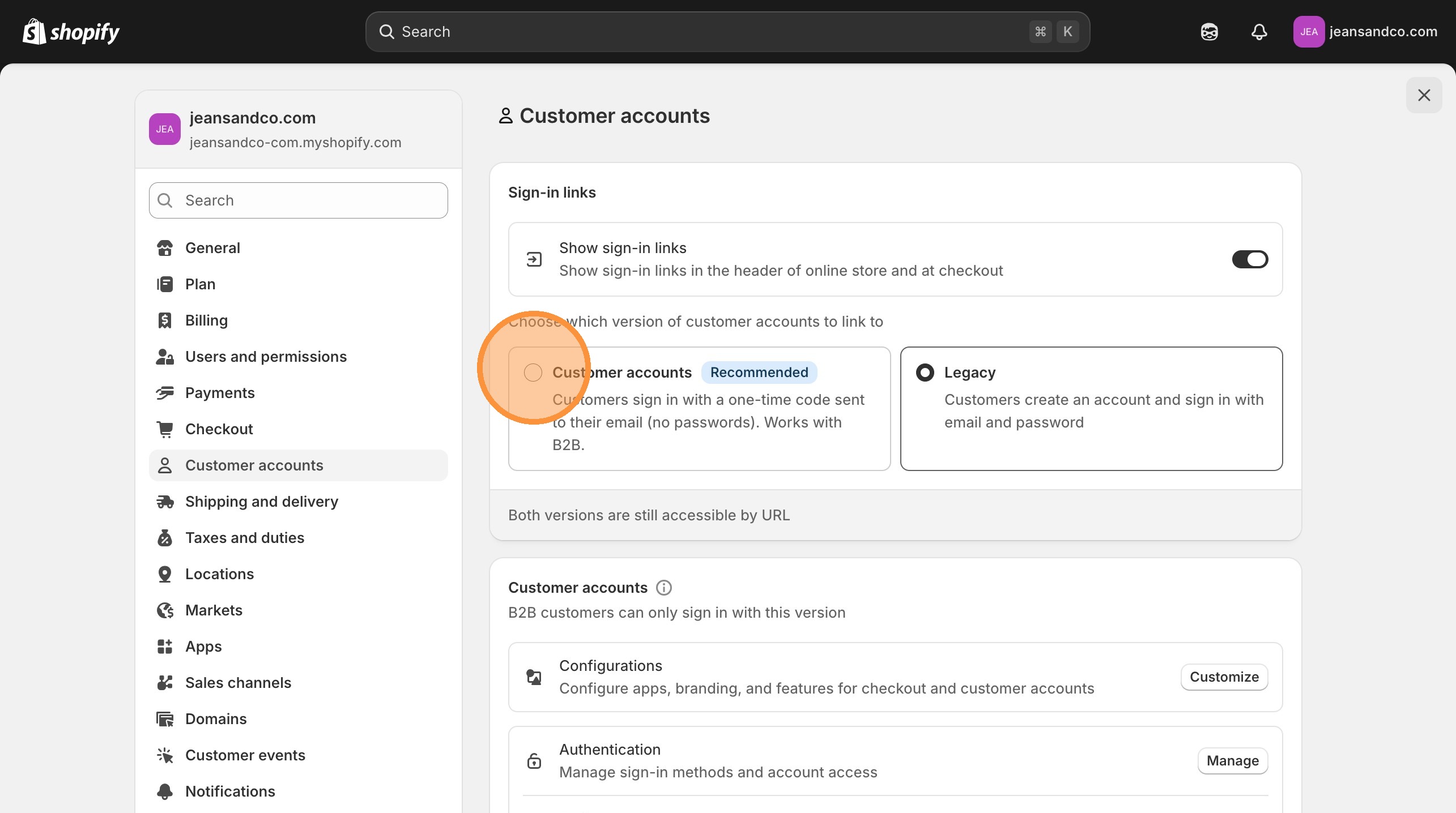 Shopify Customer accounts vs Legacy account type selection