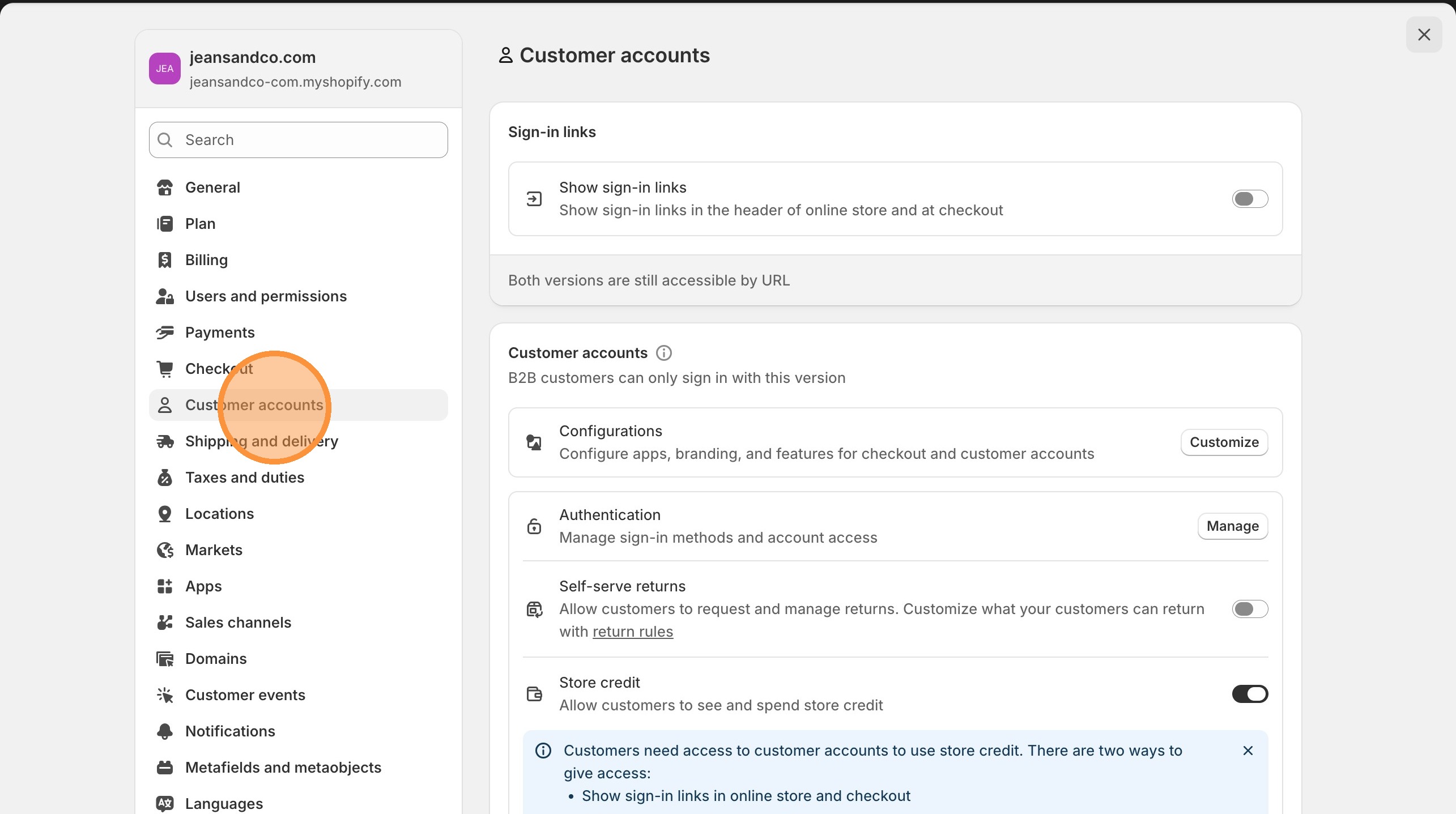 Shopify Dashboard Settings showing Customer accounts option
