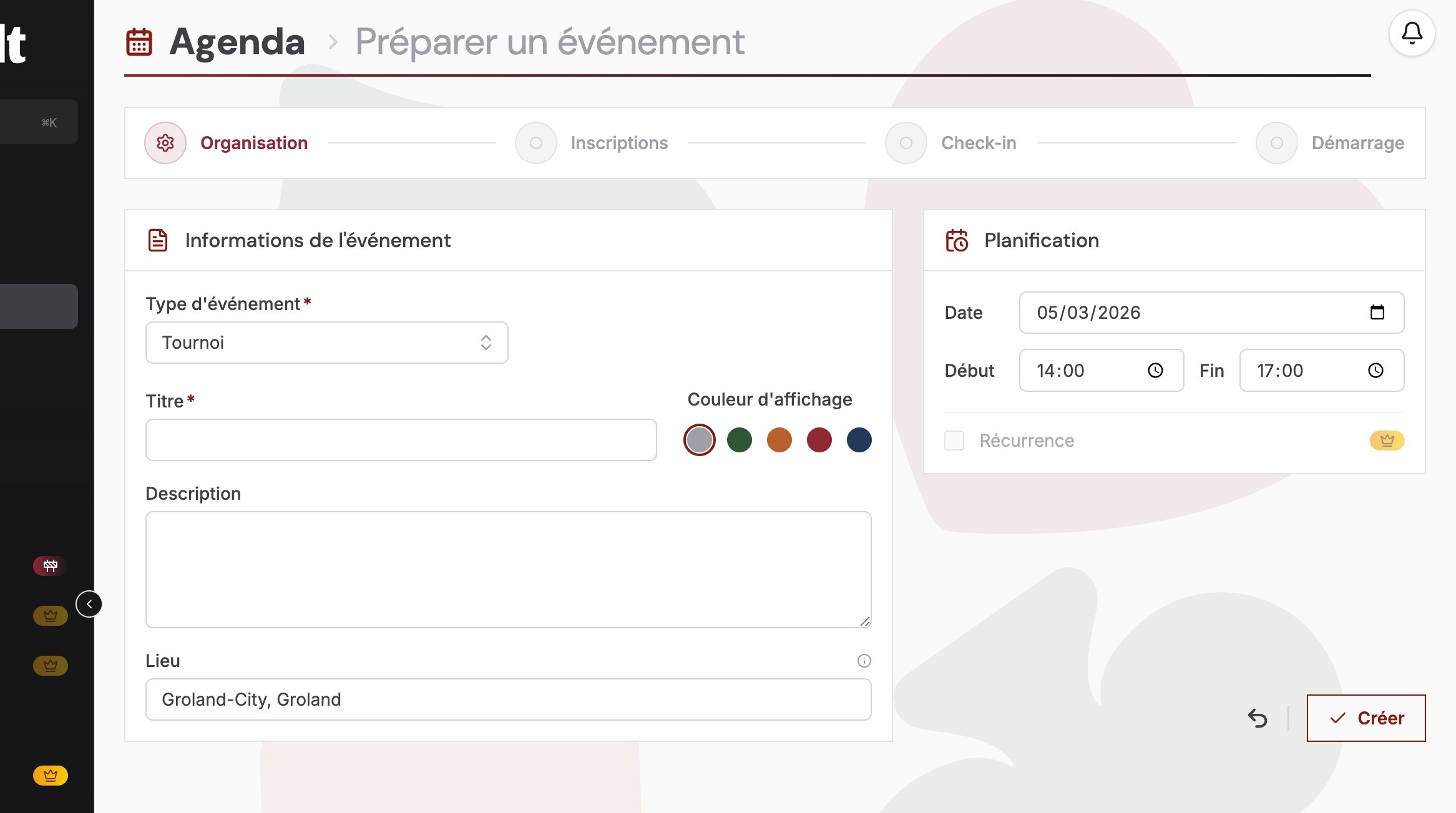 Page Pr&eacute;parer un &eacute;v&eacute;nement