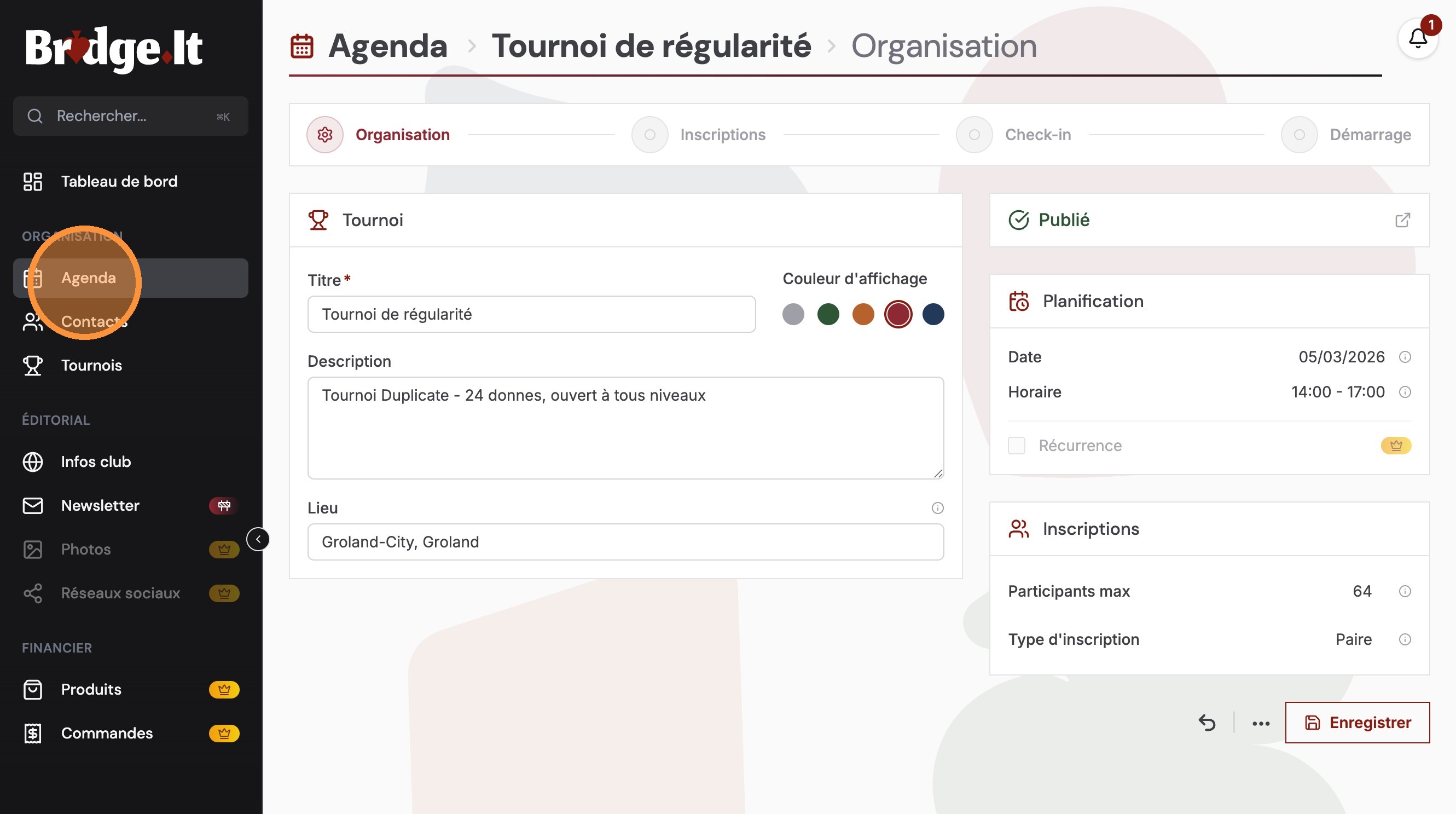 Tournoi publi&eacute; dans l'agenda