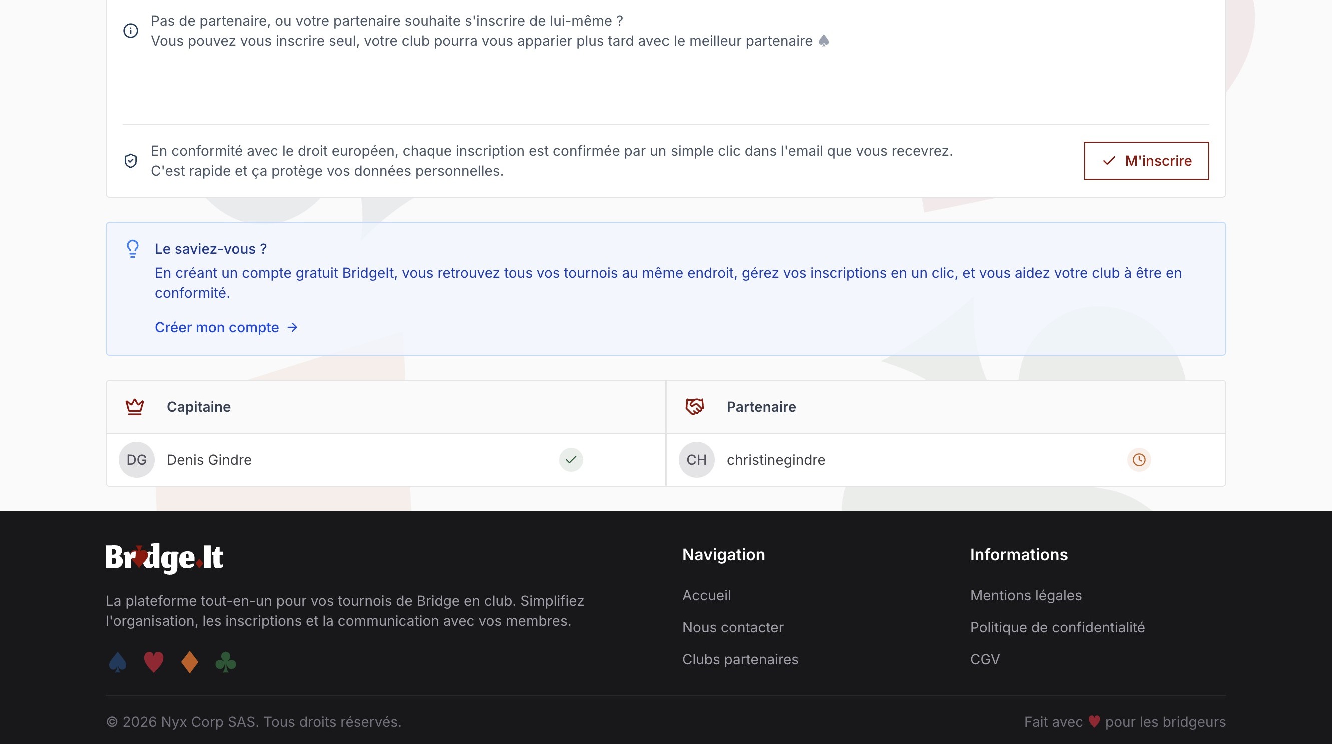 Page d'inscription avec statuts