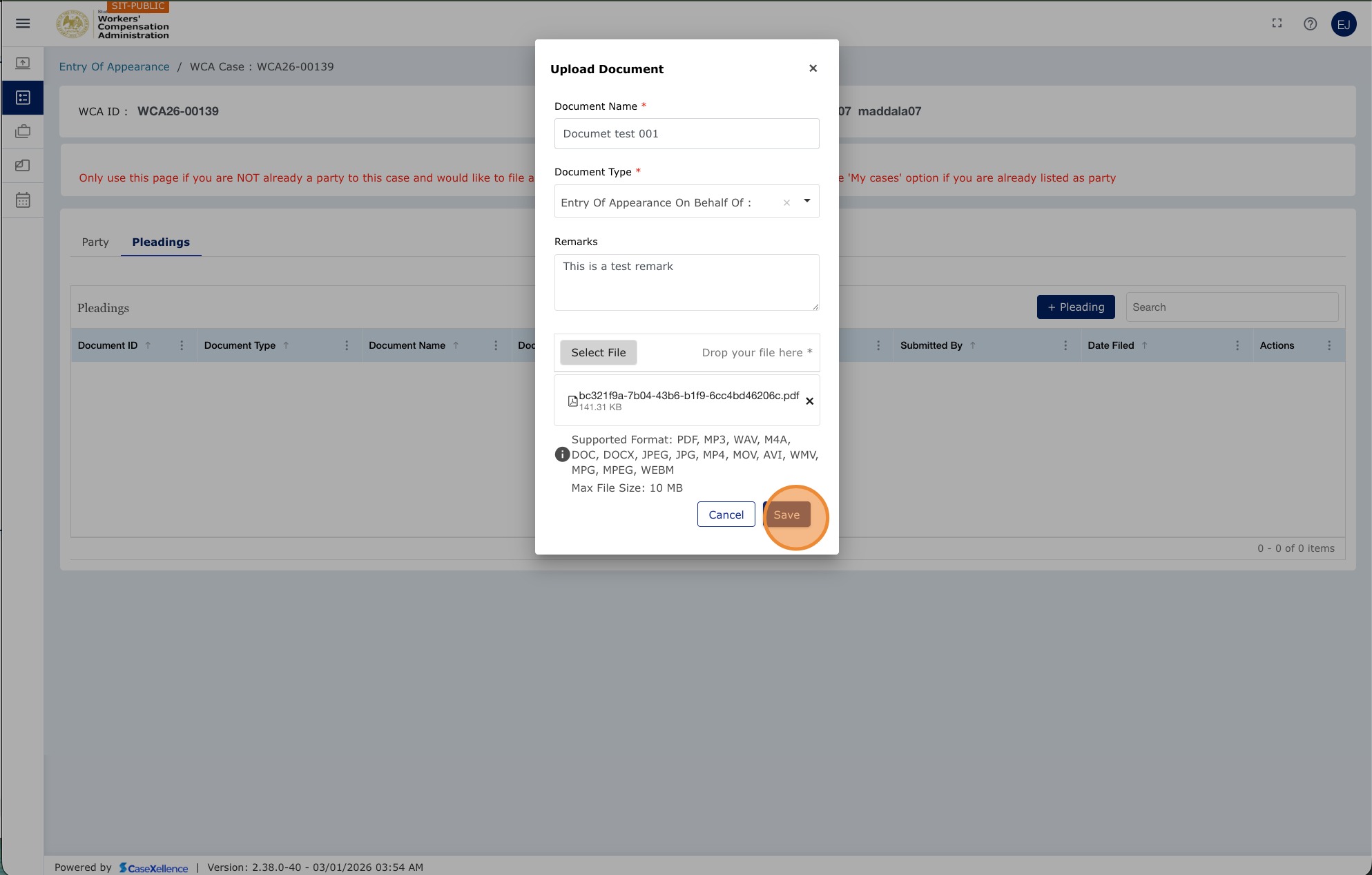 Upload Document popup for adding exhibits or pleadings