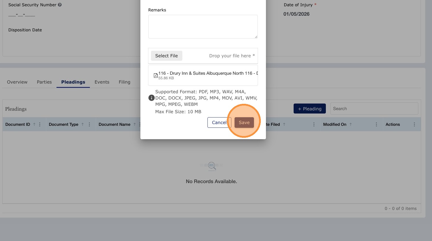 Pleading form — Save