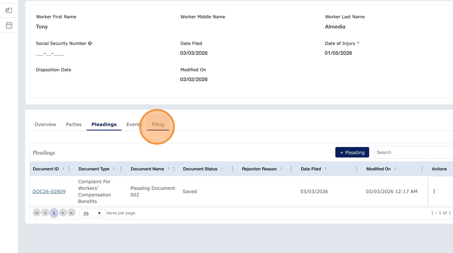Filing tab / filing overview