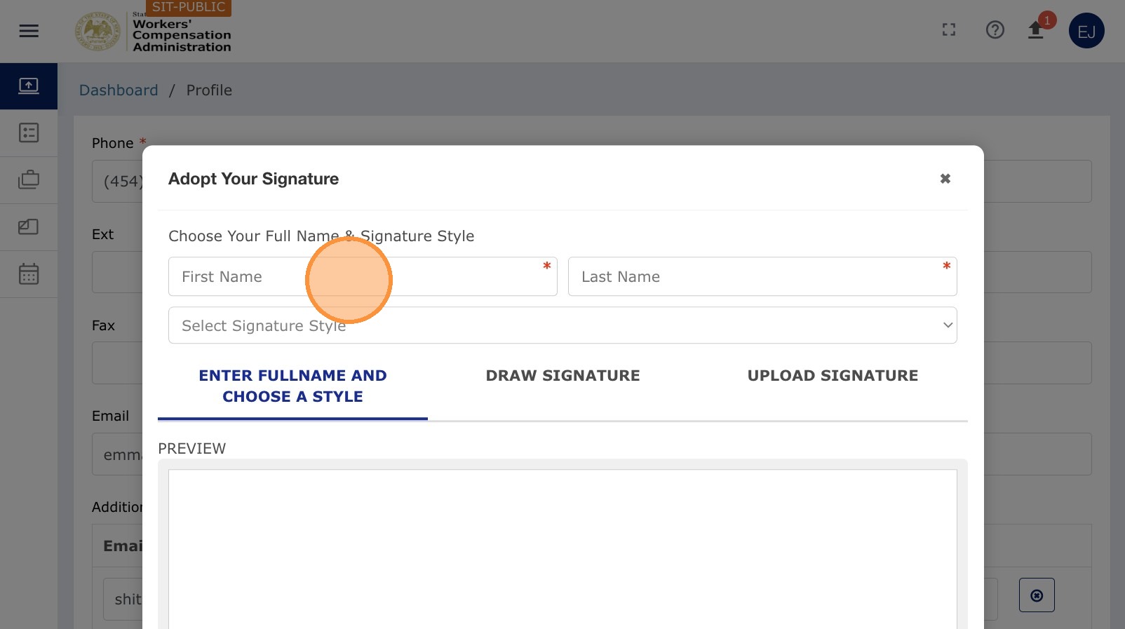 Signature options (Full name, Draw, Upload)