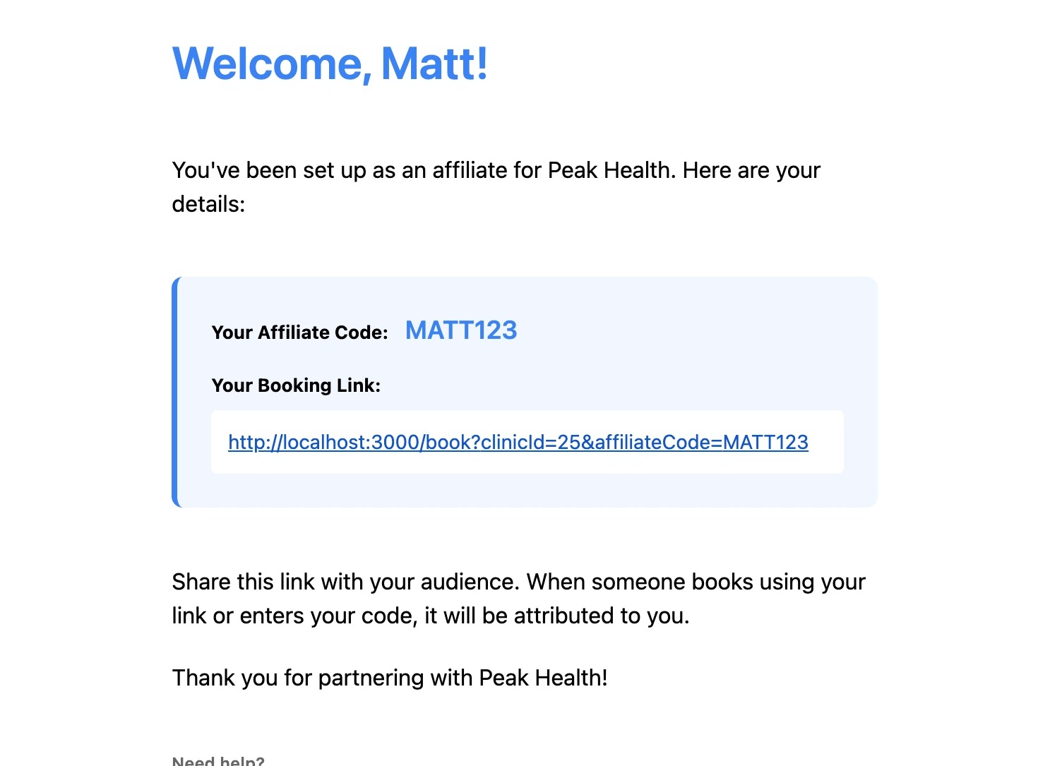 Affiliate Welcome Email