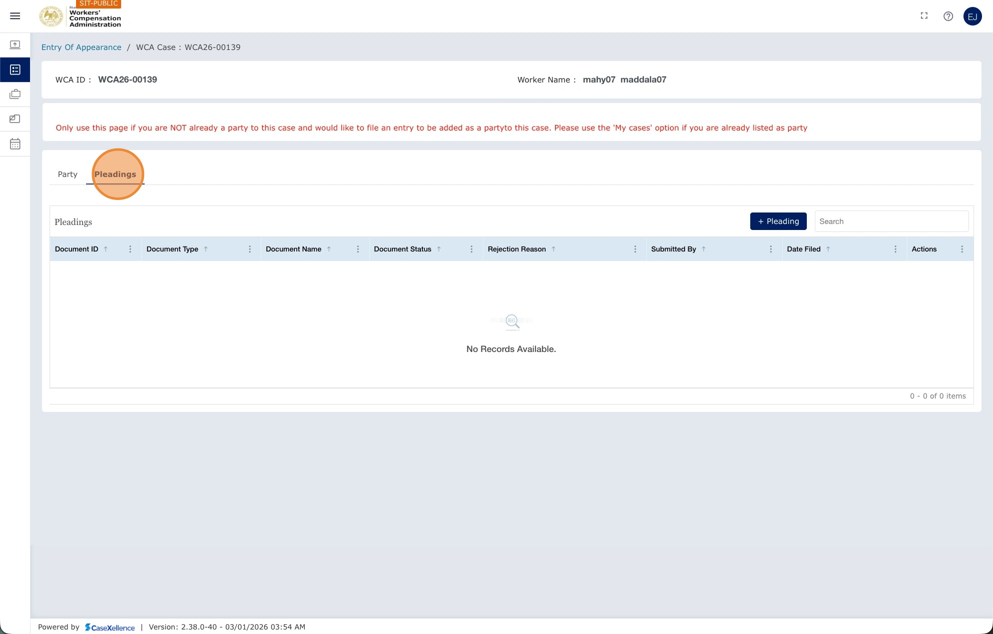 Pleadings tab — document list and columns