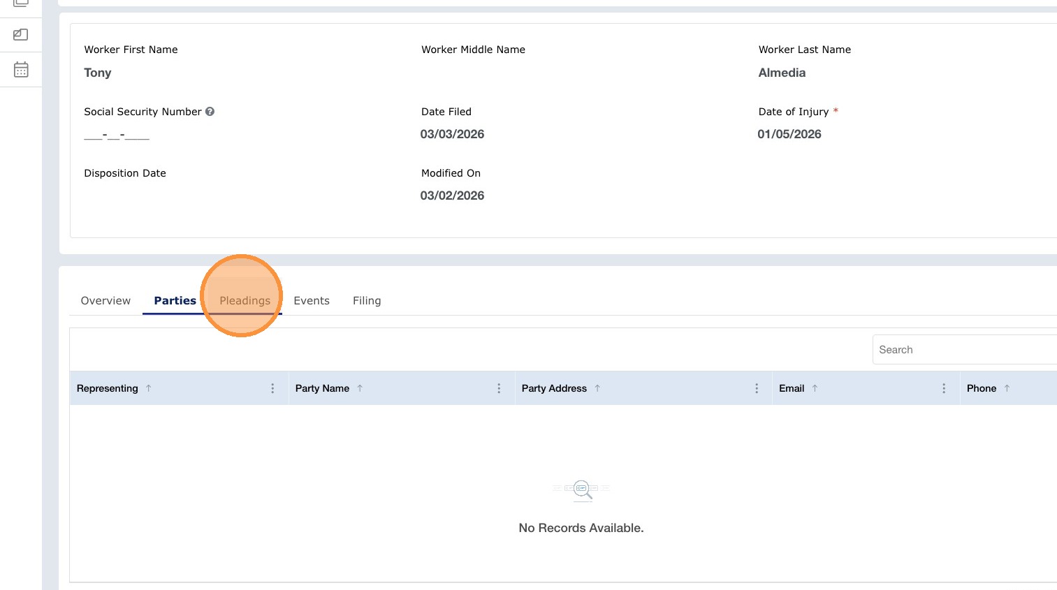 Pleadings tab on accepted filing