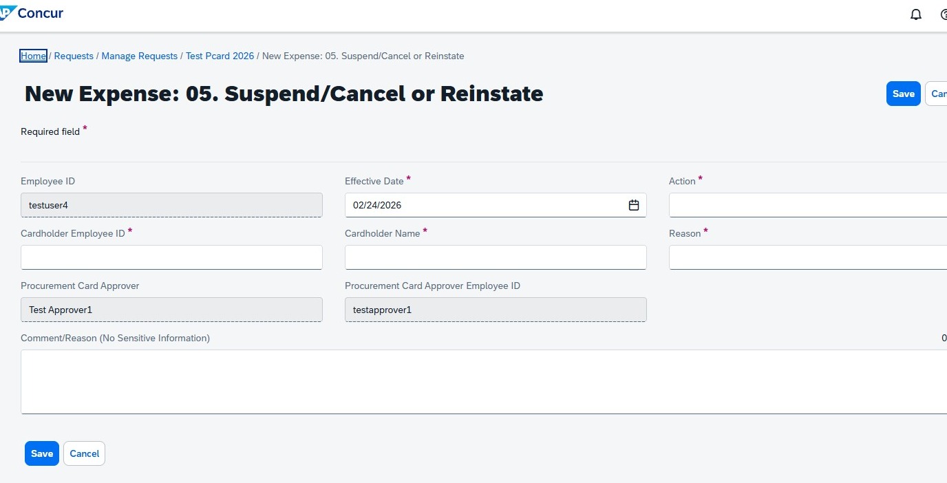 Concur Request: Suspending, Canceling, or Reinstating a Procurement Card