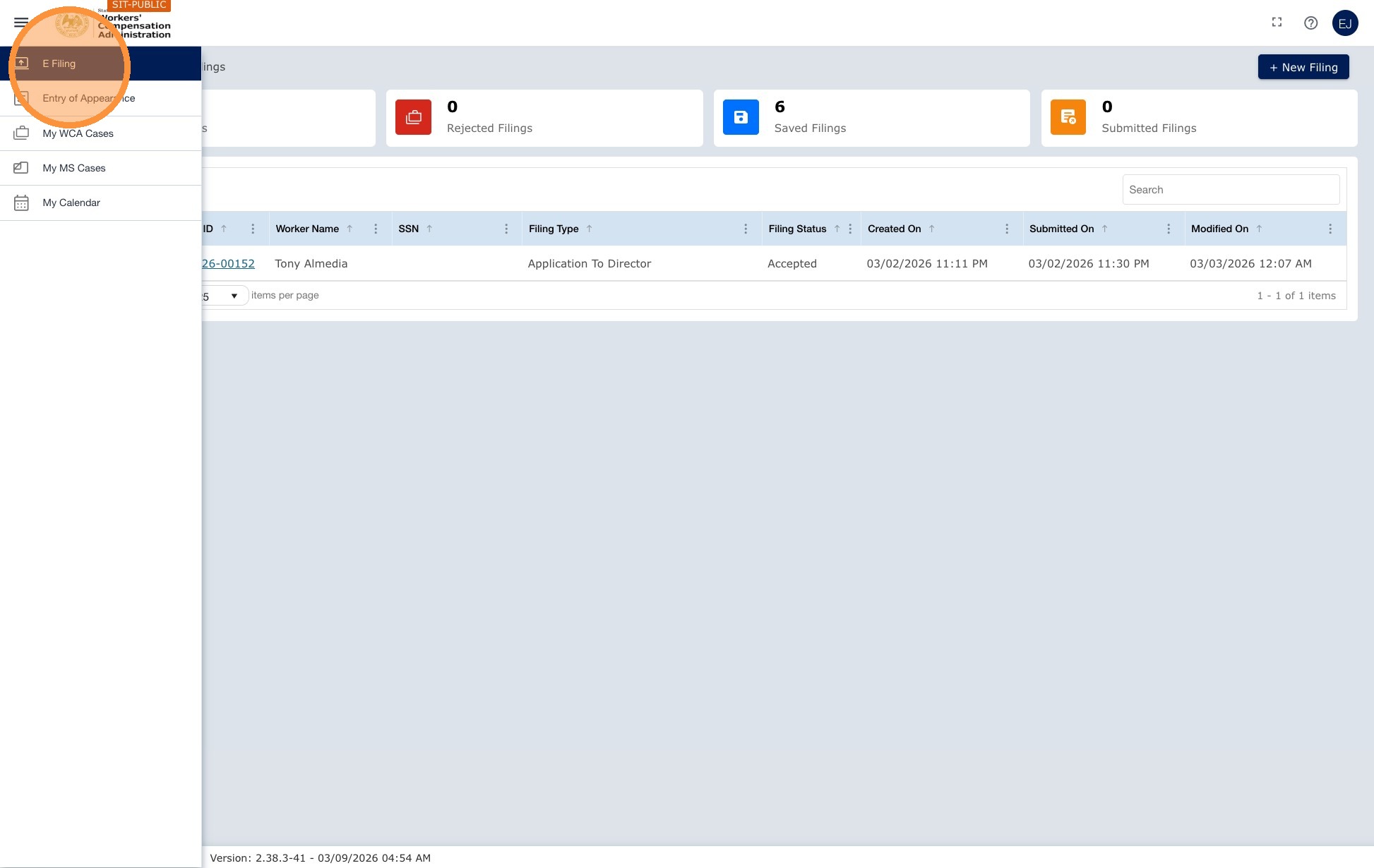 E-Filing menu