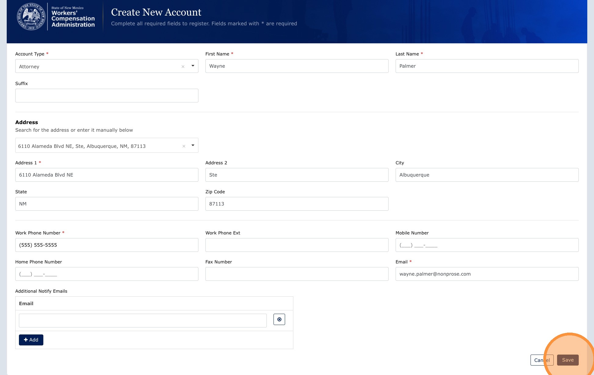 Completed registration form and Save button