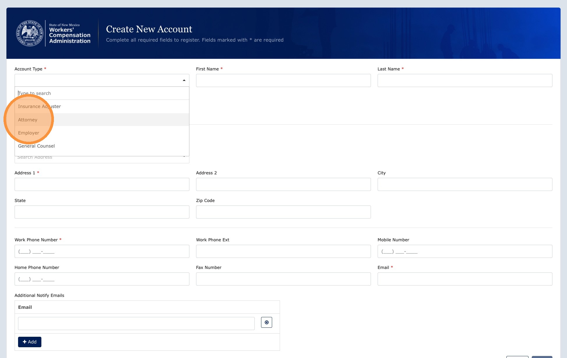 Registration form fields