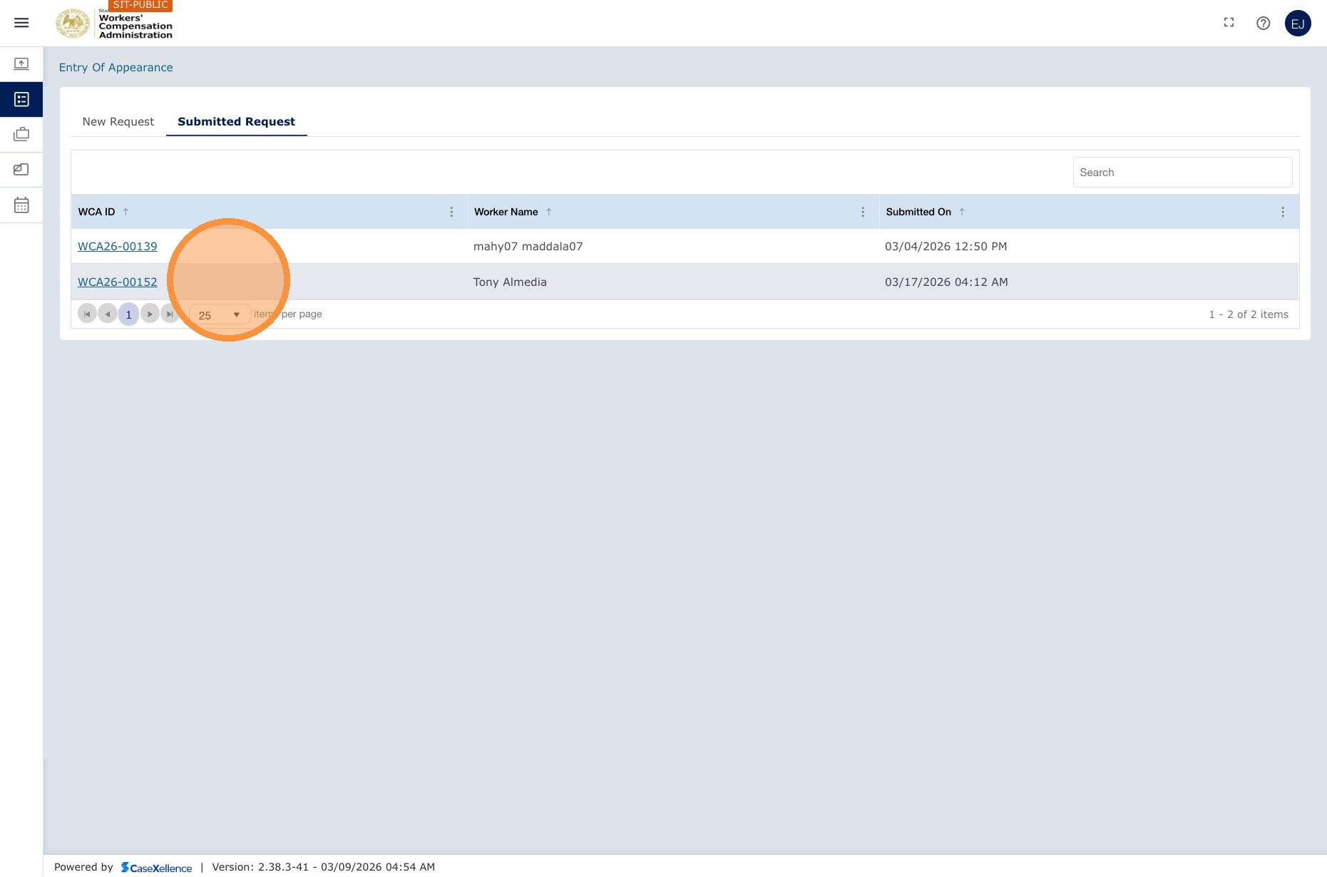 Submitted Request tab