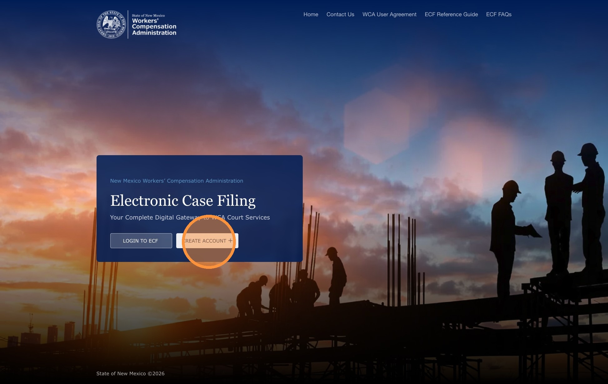 ECF portal landing page with Create Account +