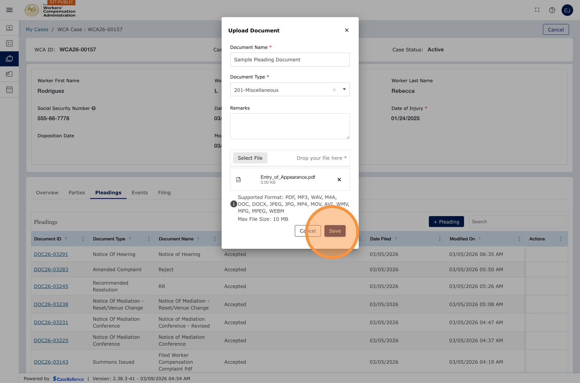 Pleading type, file upload, Save