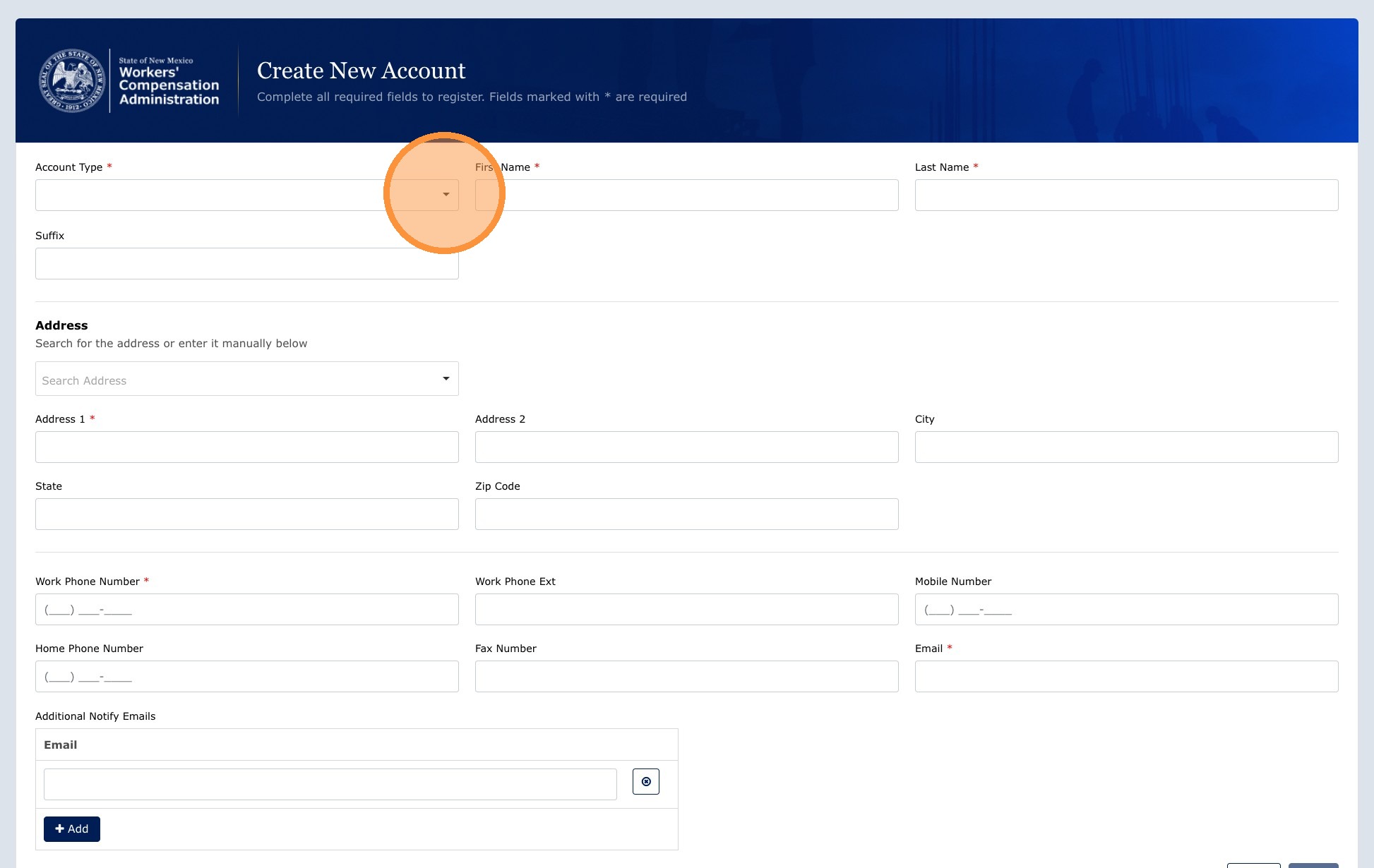Registration form with filer type