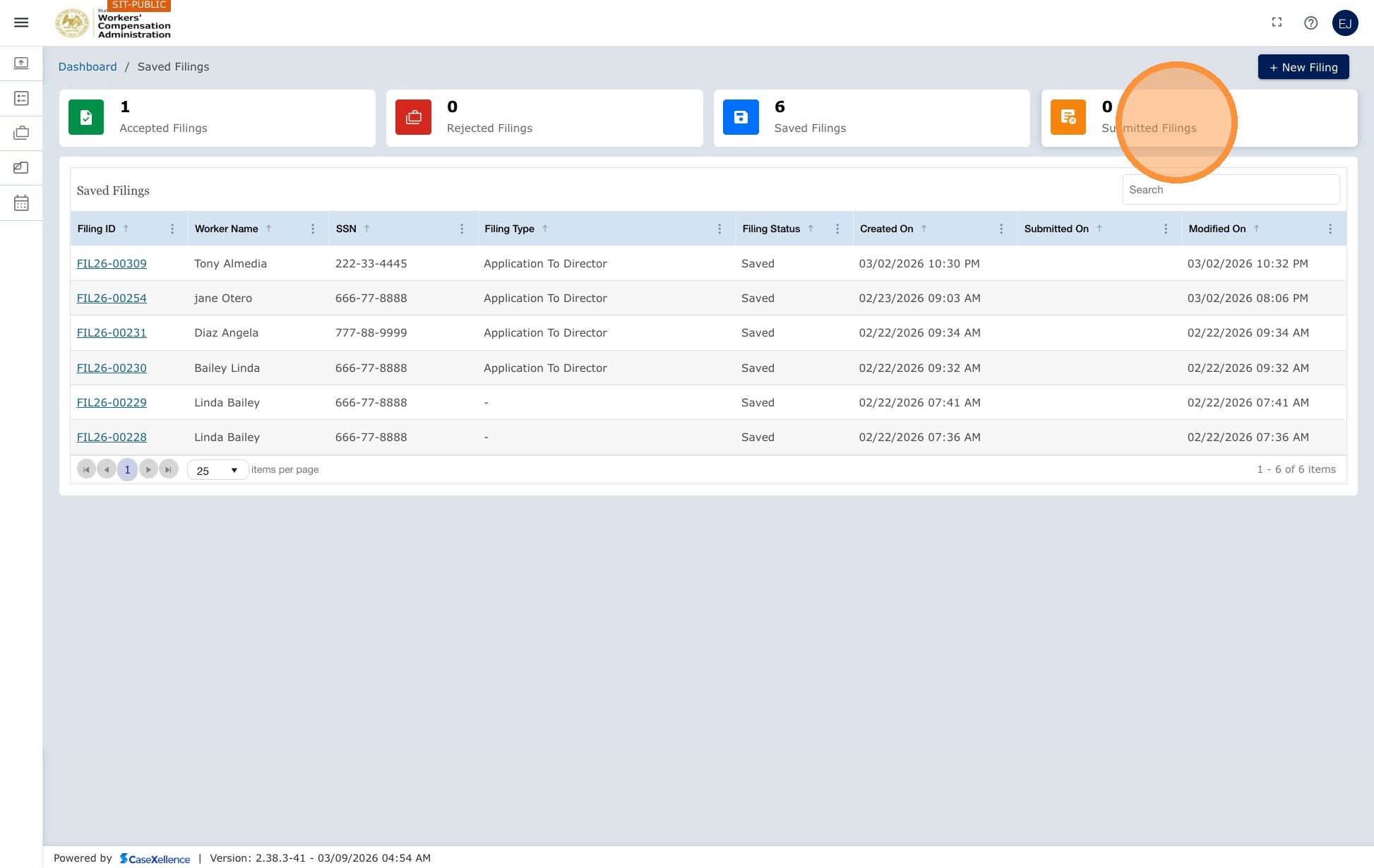 Submitted Filings tile