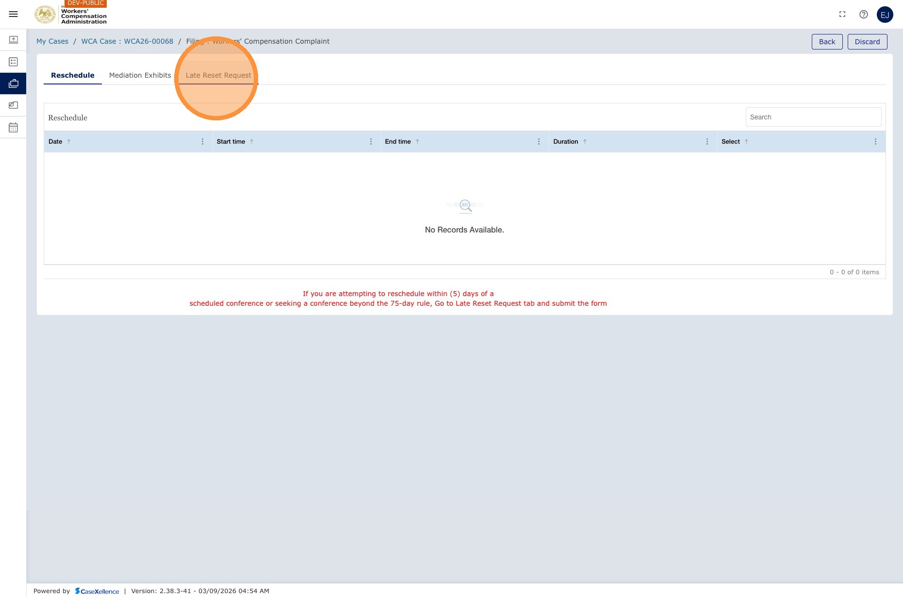 Late Reset Request tab