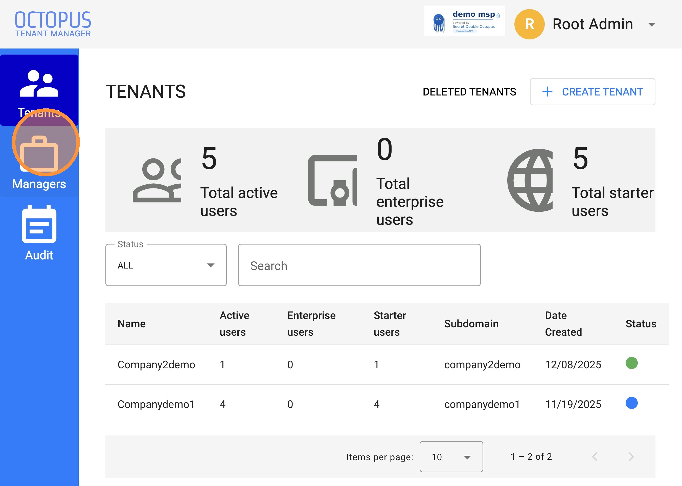 Managers menu in tenant