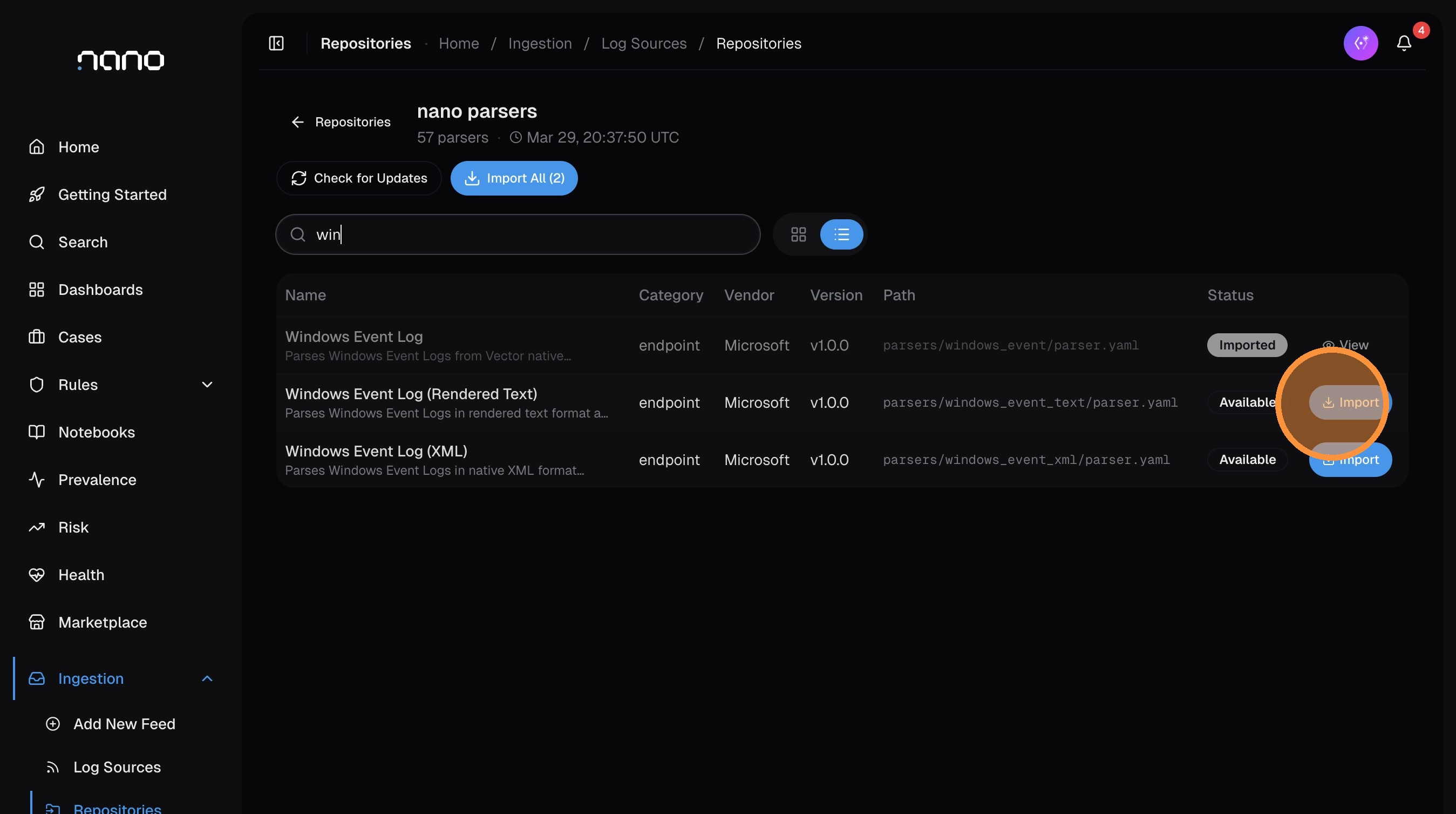 Search results filtered for "win" showing Windows Event Log, Windows Event Log (Rendered Text), and Windows Event Log (XML) parsers