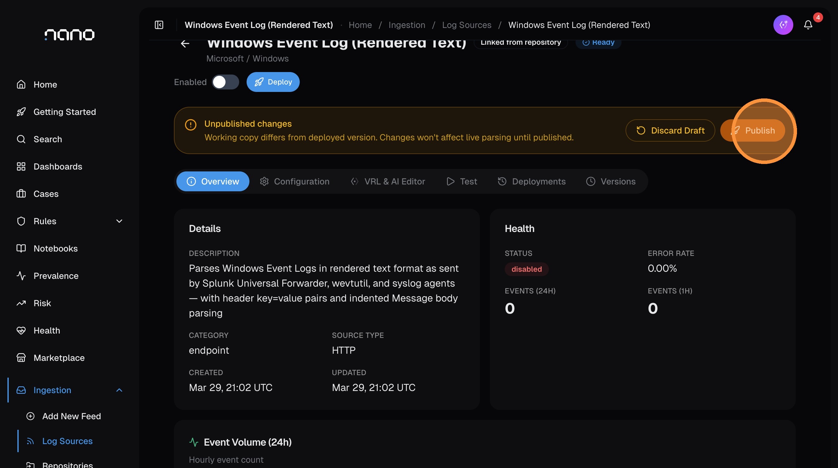 Log source detail page showing the Unpublished changes banner with a Publish button