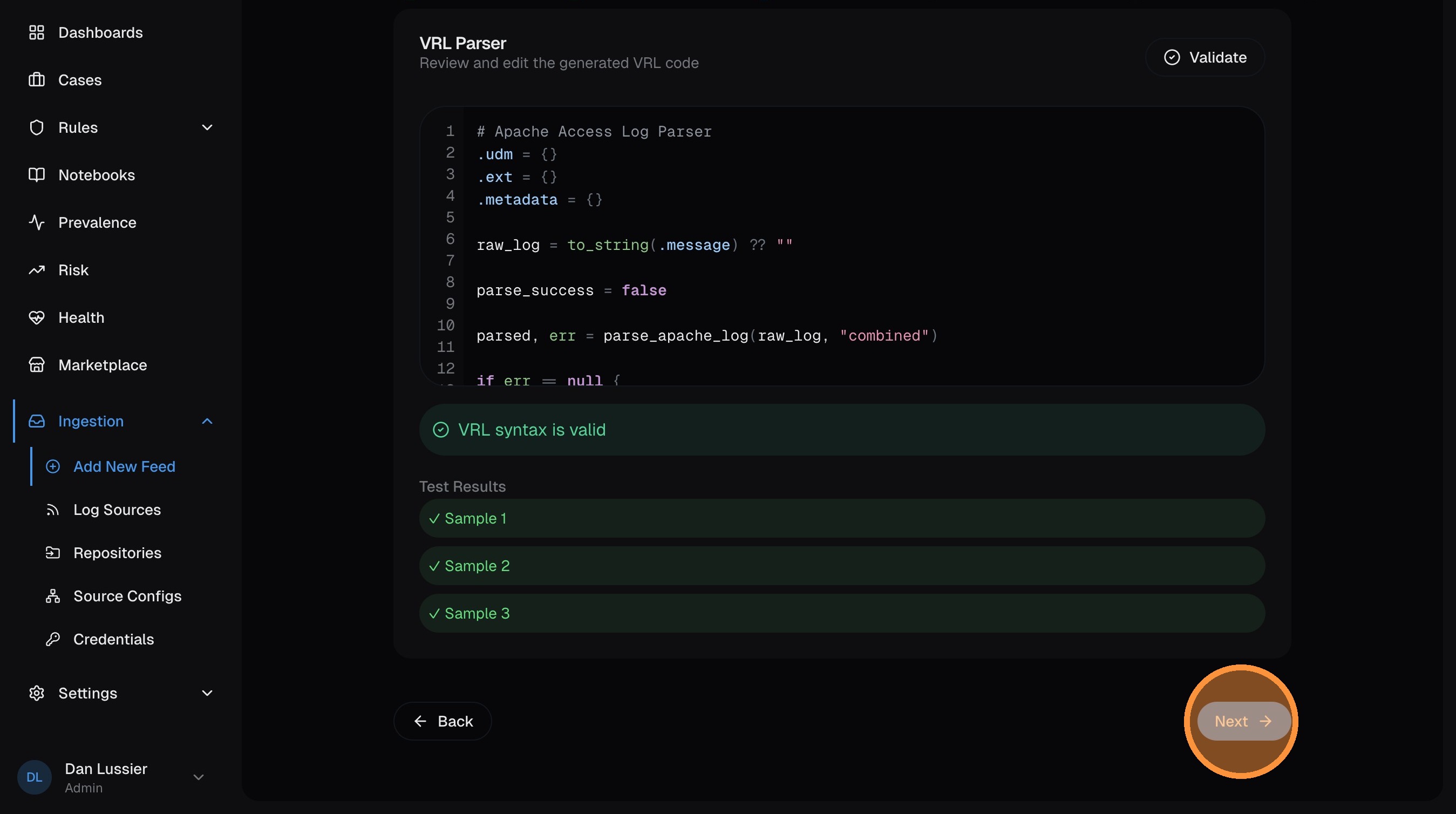 AI-generated VRL parser code in the editor