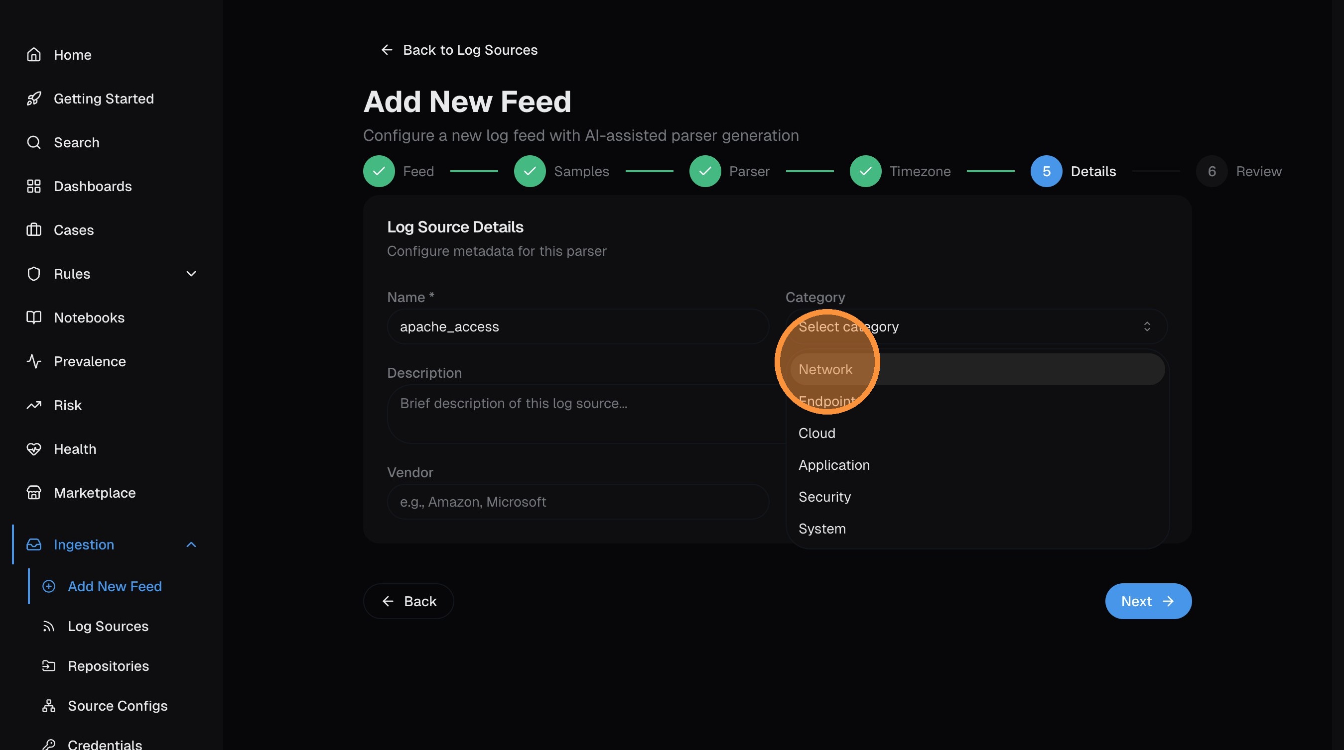 Metadata form with category, description, vendor, and product fields
