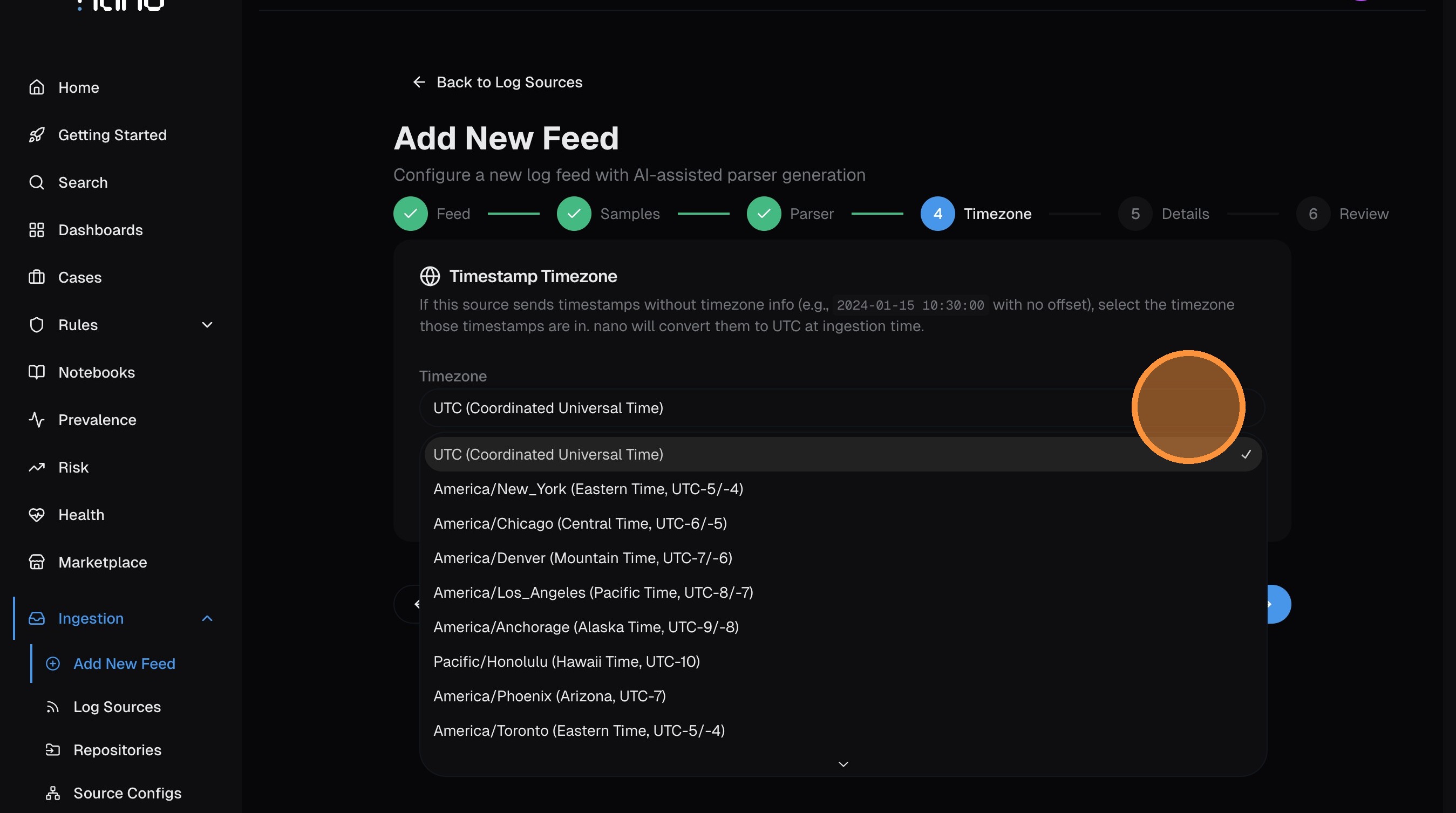 Timezone selection dropdown