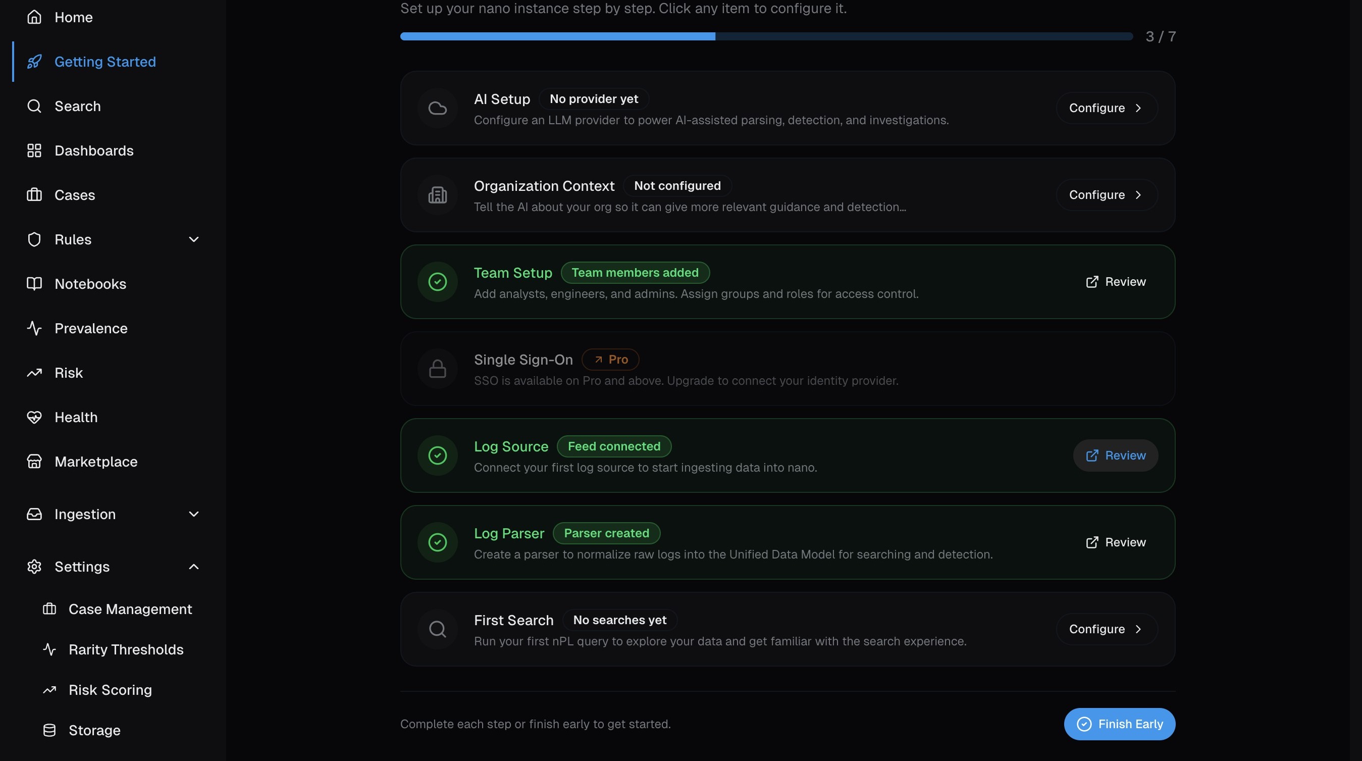 Getting Started page showing the setup wizard with Log Source as one of the steps