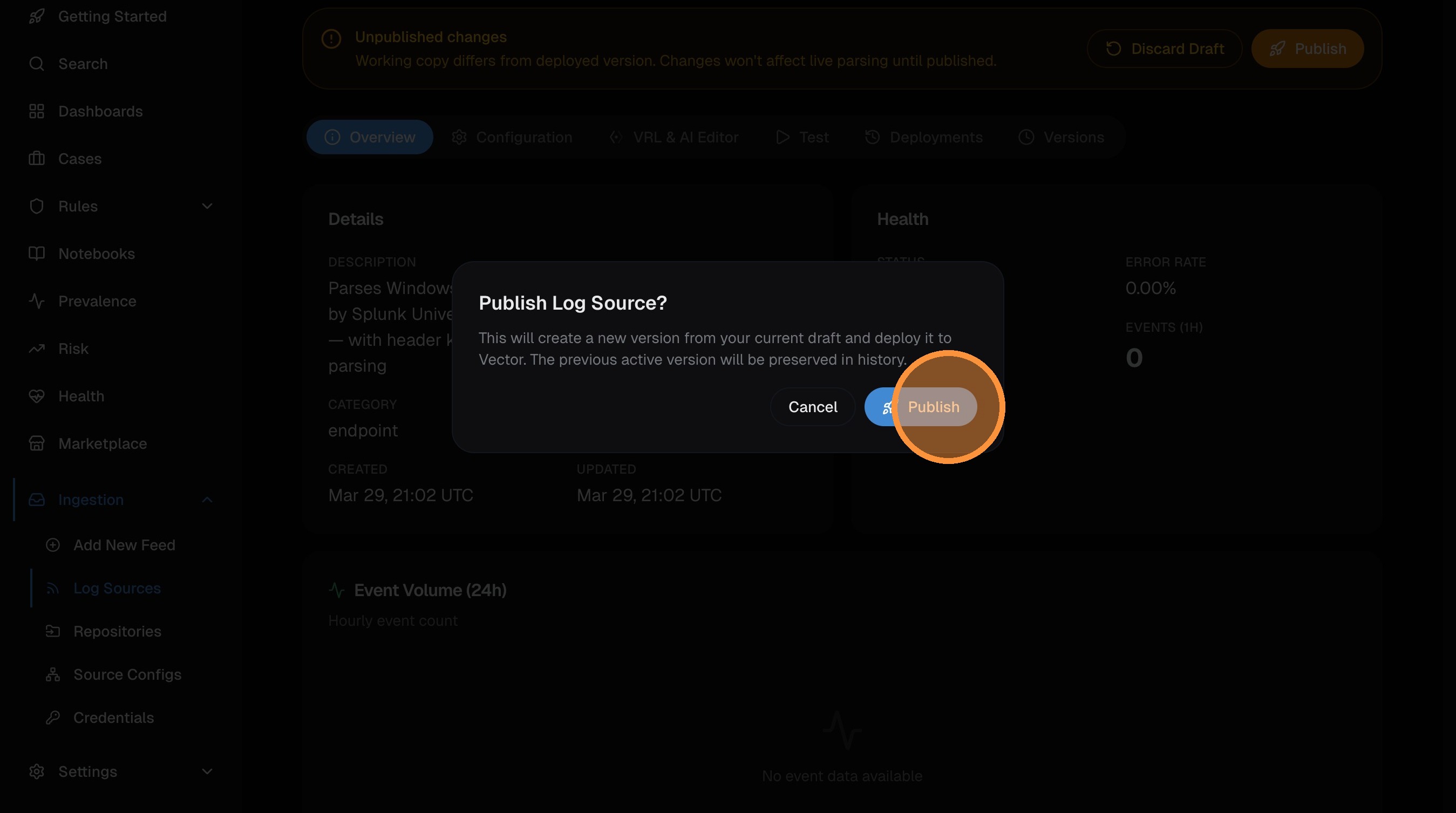 Publish confirmation dialog explaining the parser will be deployed to Vector