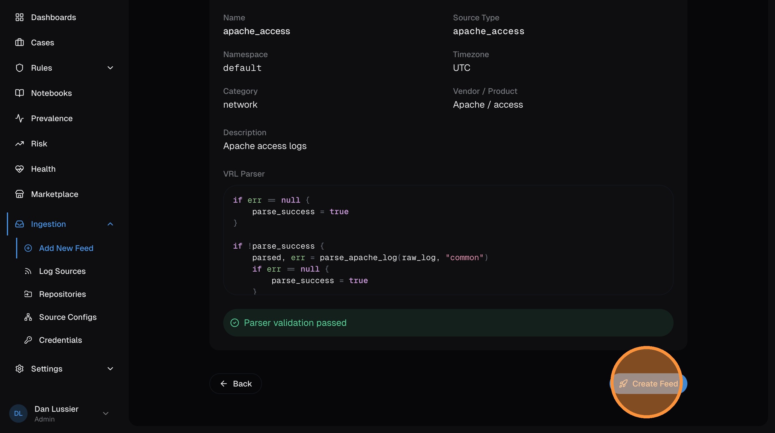 Review page with Create Feed button