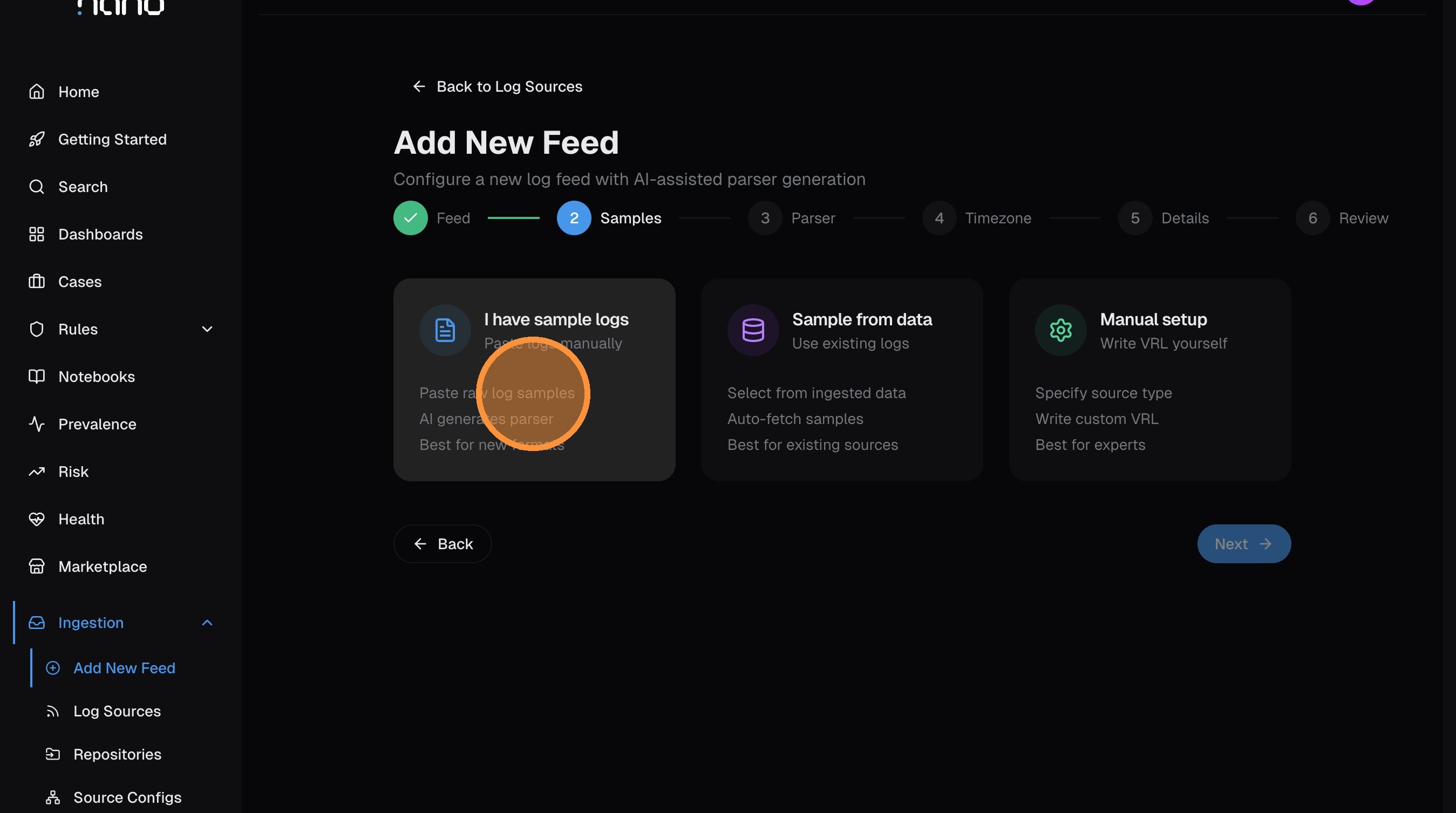 Three sample method options: I have sample logs, Sample from data, Manual setup