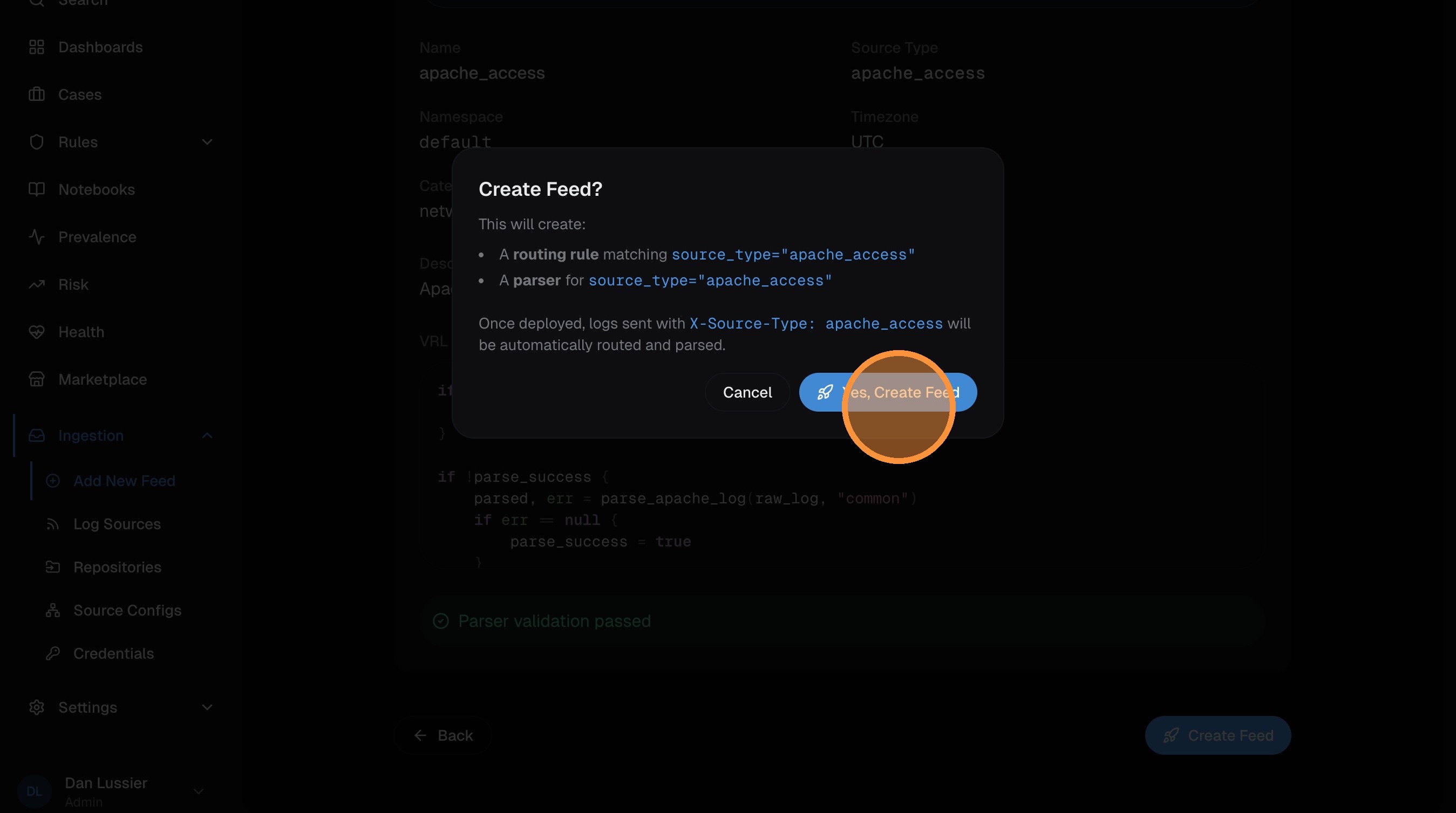Confirmation dialog — Yes, Create Feed
