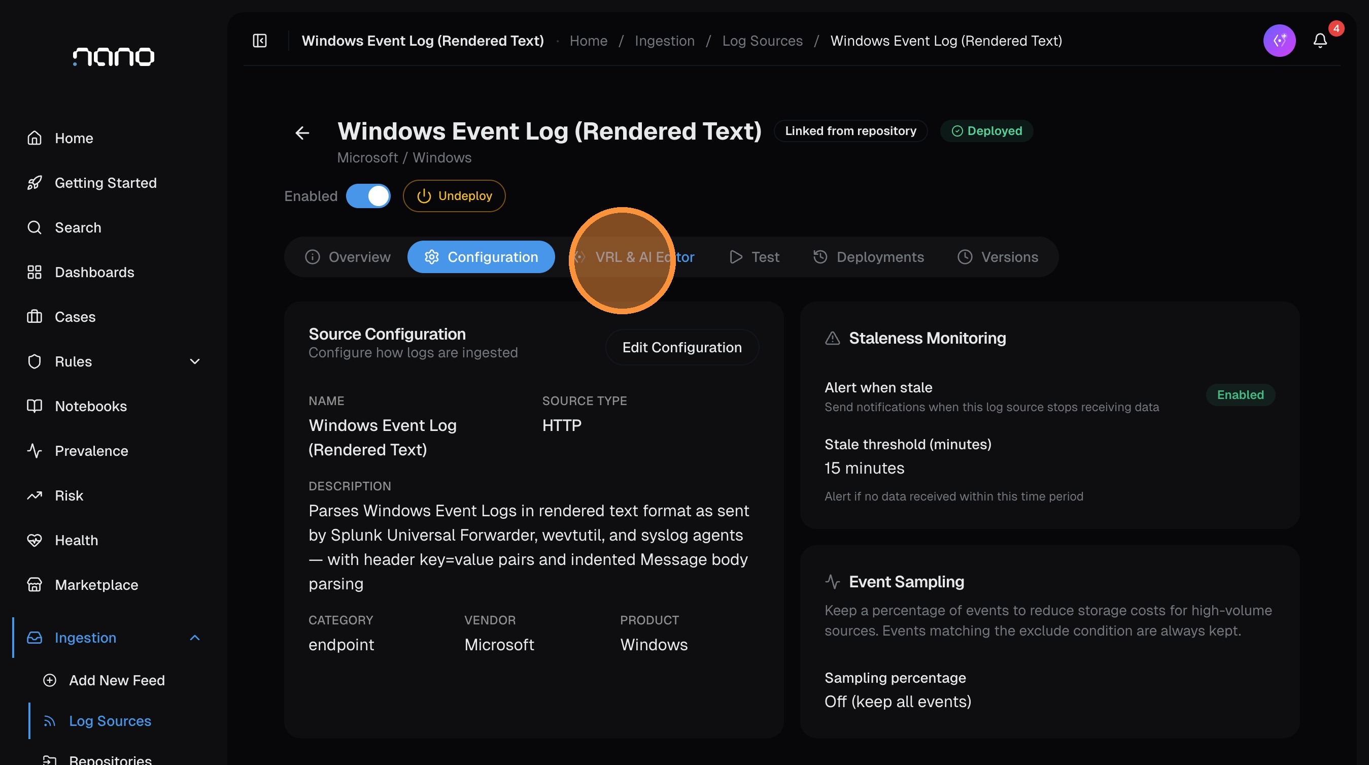 Log source Configuration tab showing metadata, staleness monitoring, and the VRL & AI Editor tab