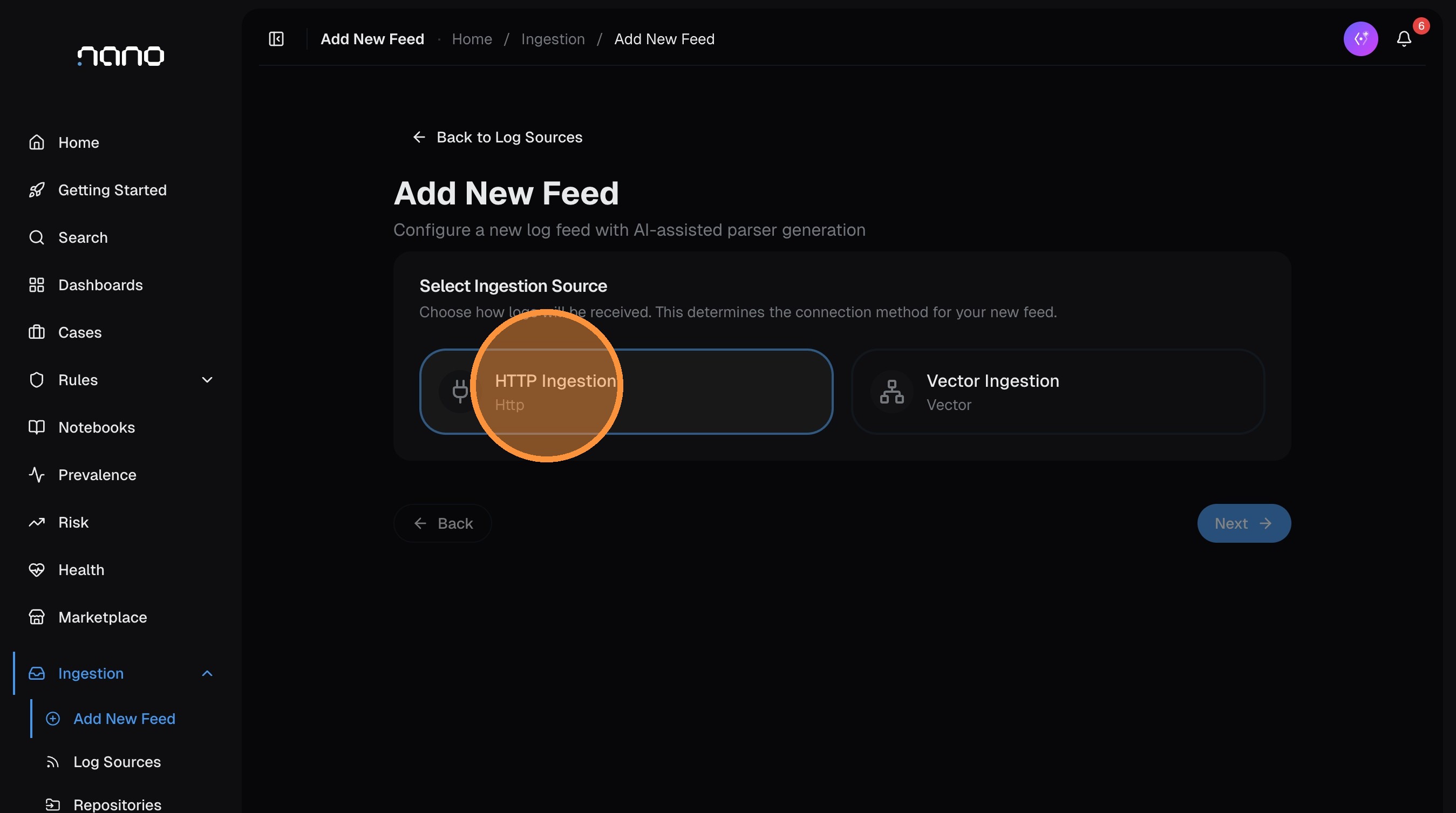 Source configuration selection showing HTTP and other options