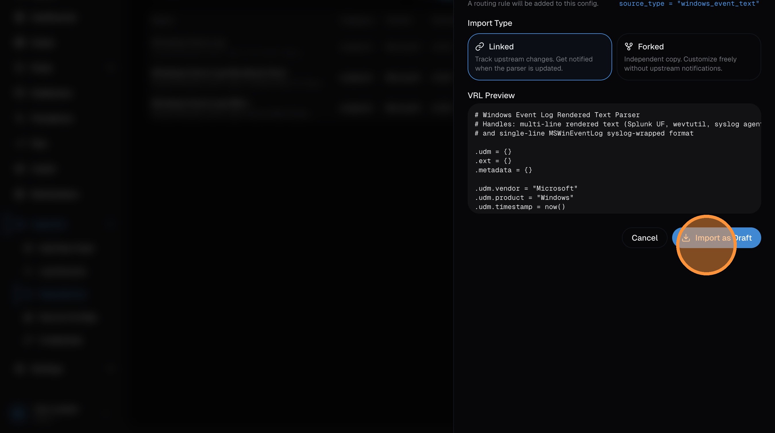 Import modal with the Import as Draft button highlighted