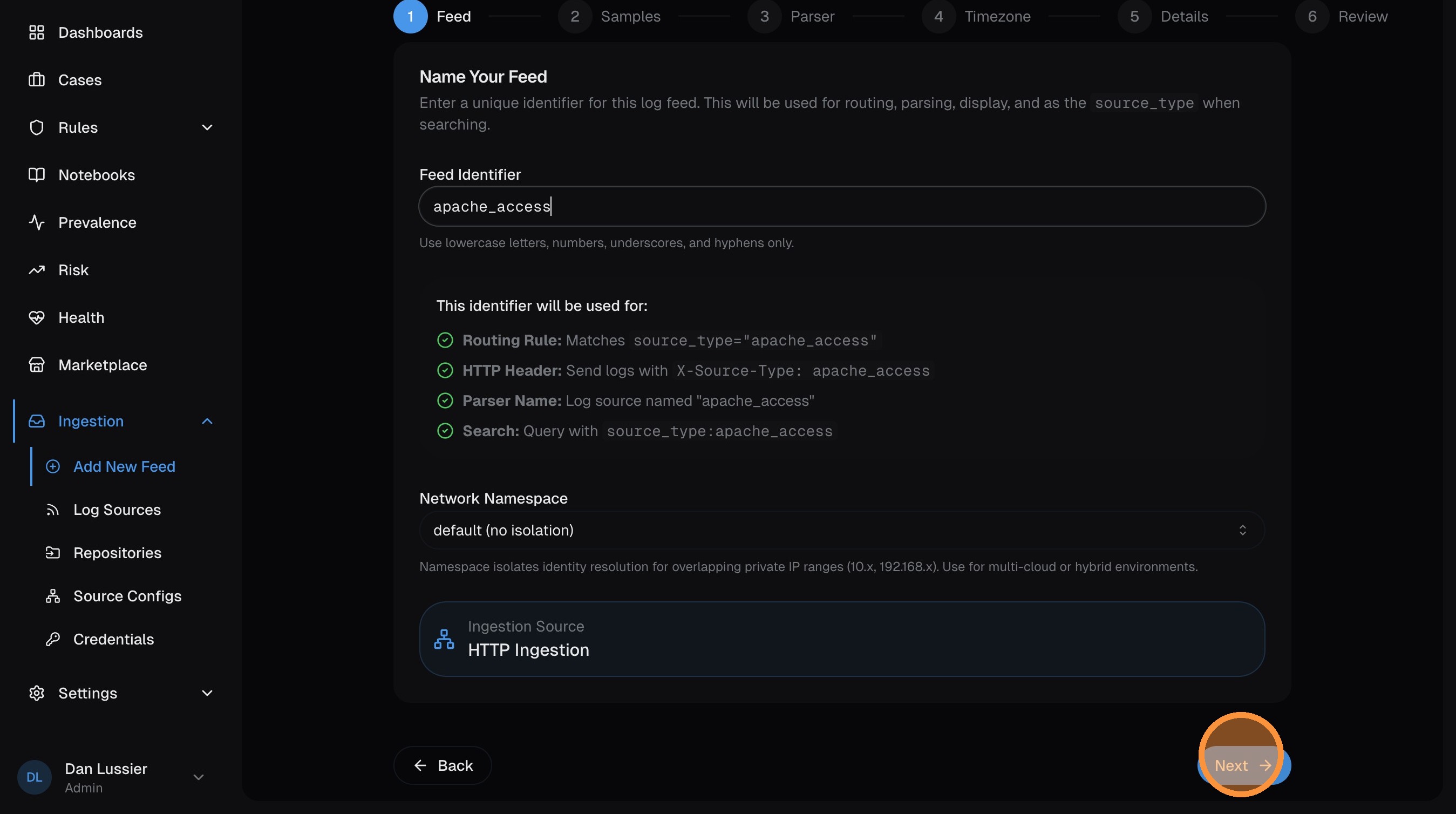 Feed identifier field with "apache_access" entered