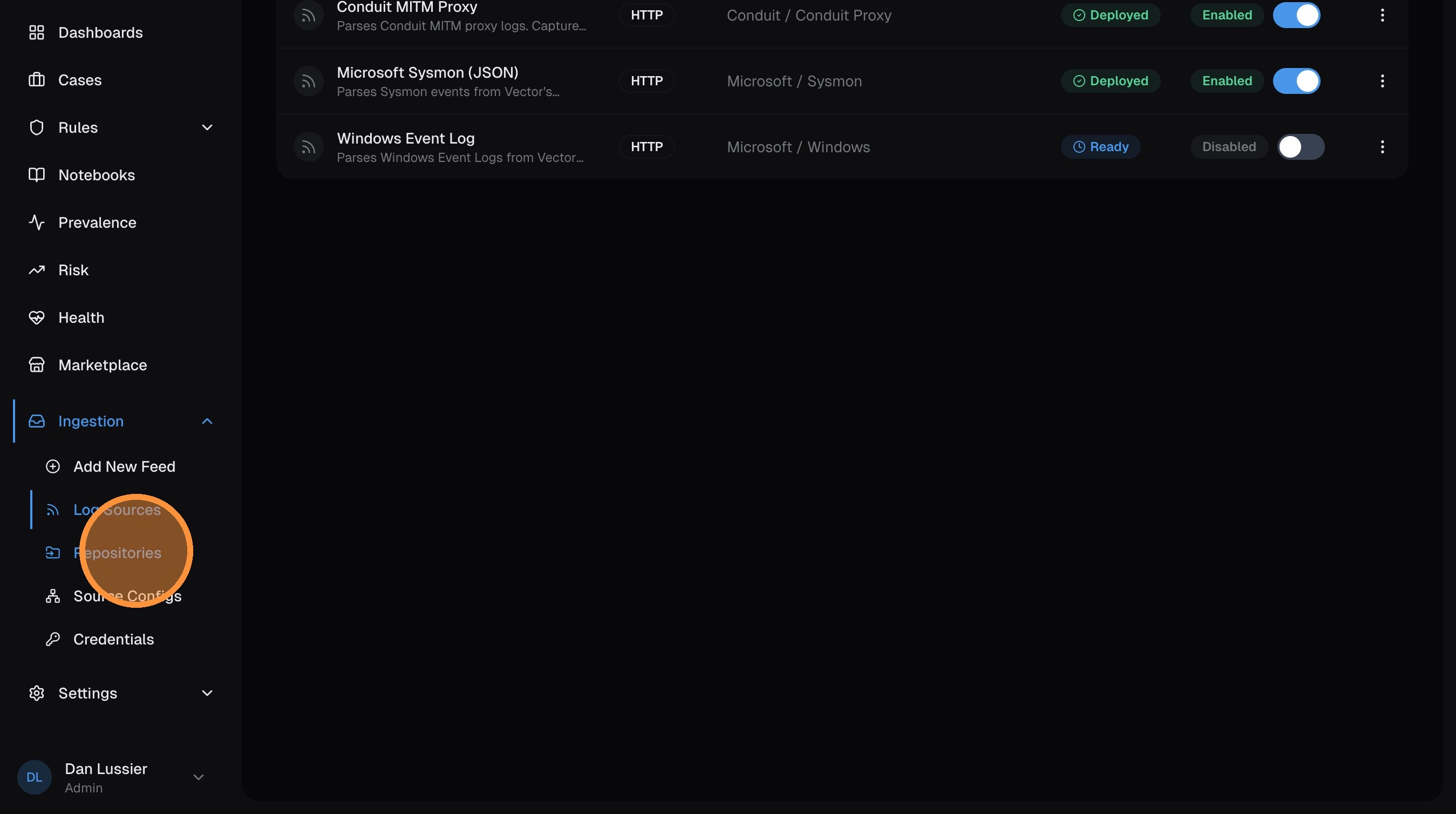 Left sidebar showing Ingestion expanded with Log Sources and Repositories navigation items