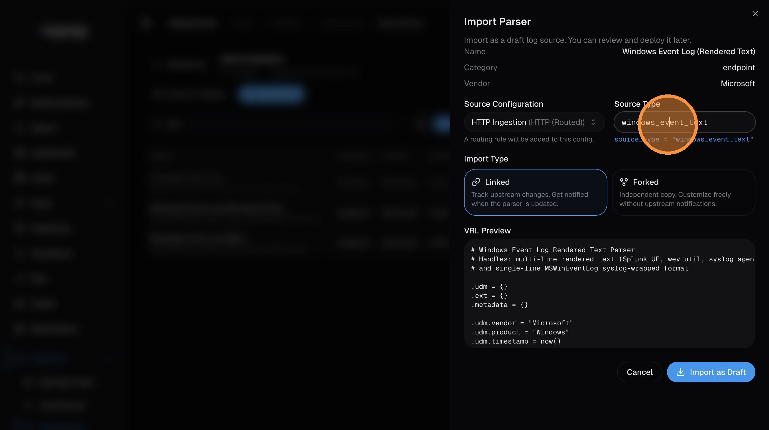 Import modal with the Source Type field highlighted, showing it must match the source_type in your log data