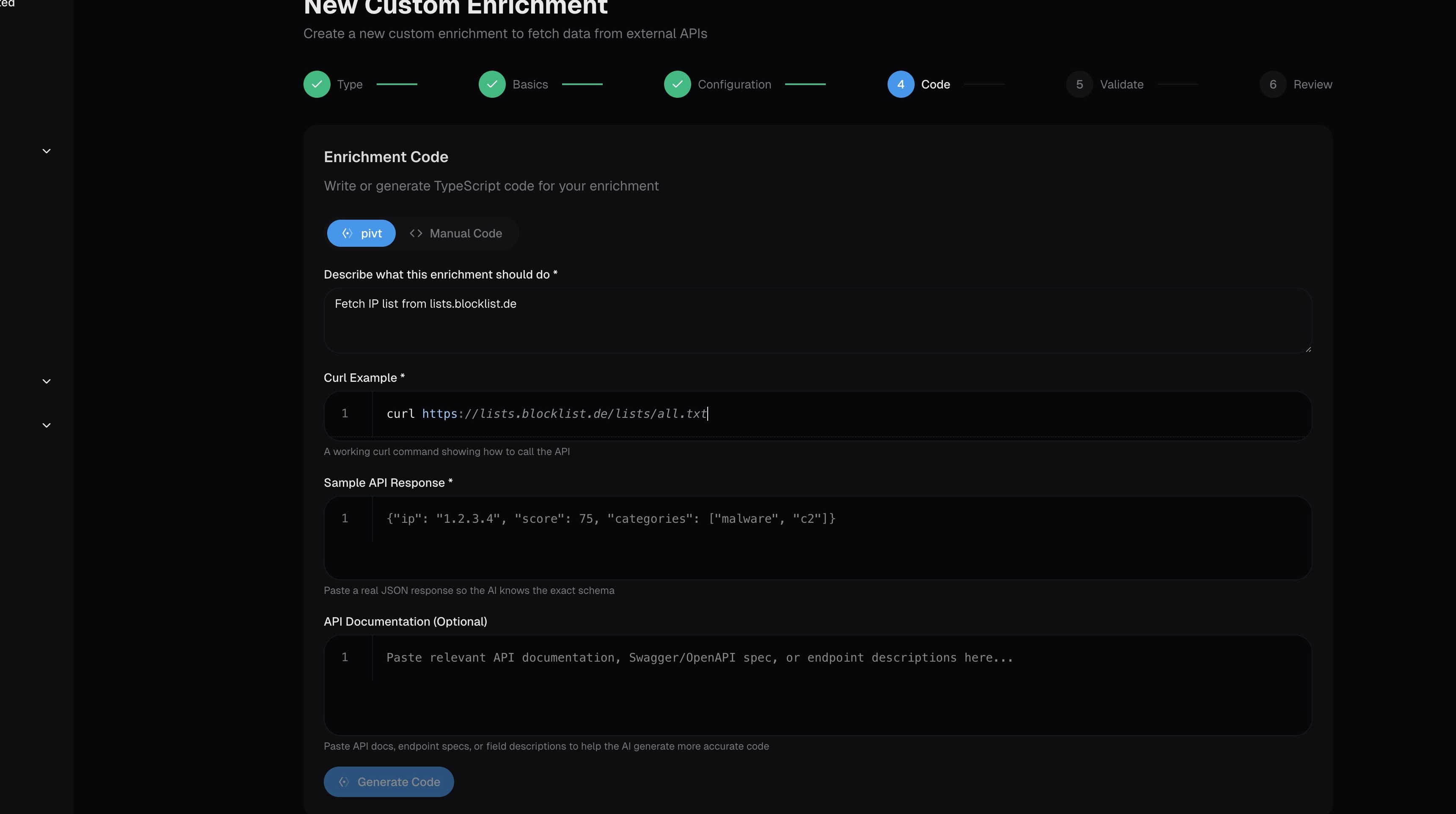AI context fields — curl example and sample response