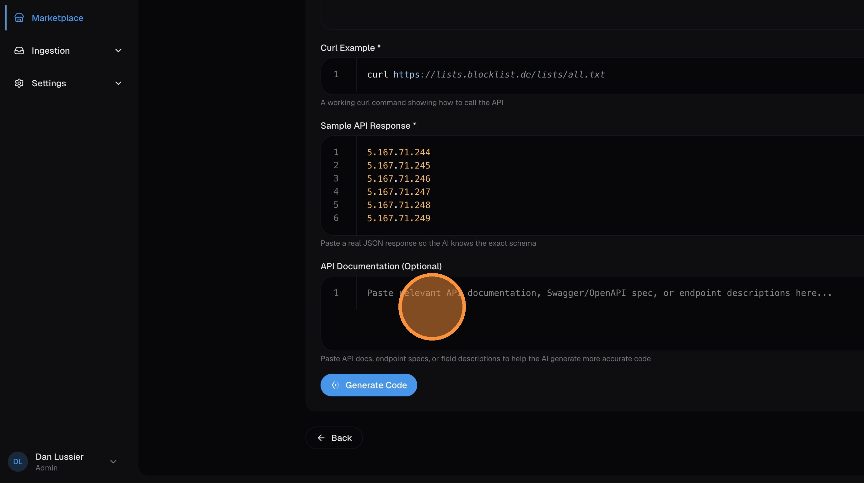 API documentation field for additional context