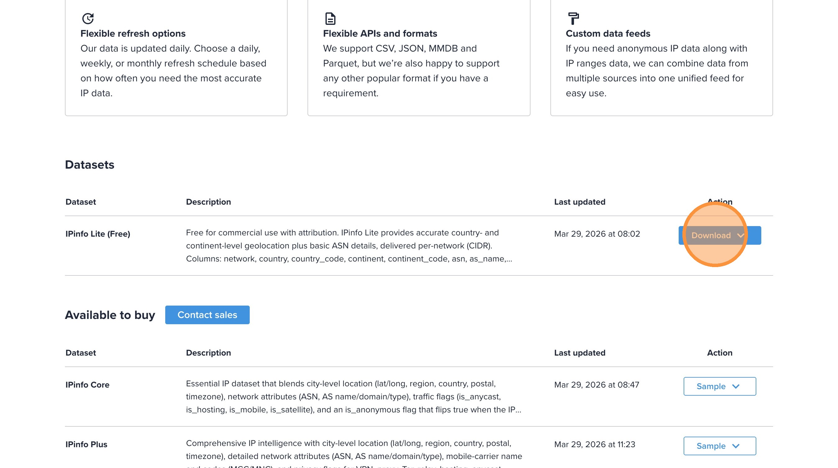 Data downloads page with Download button