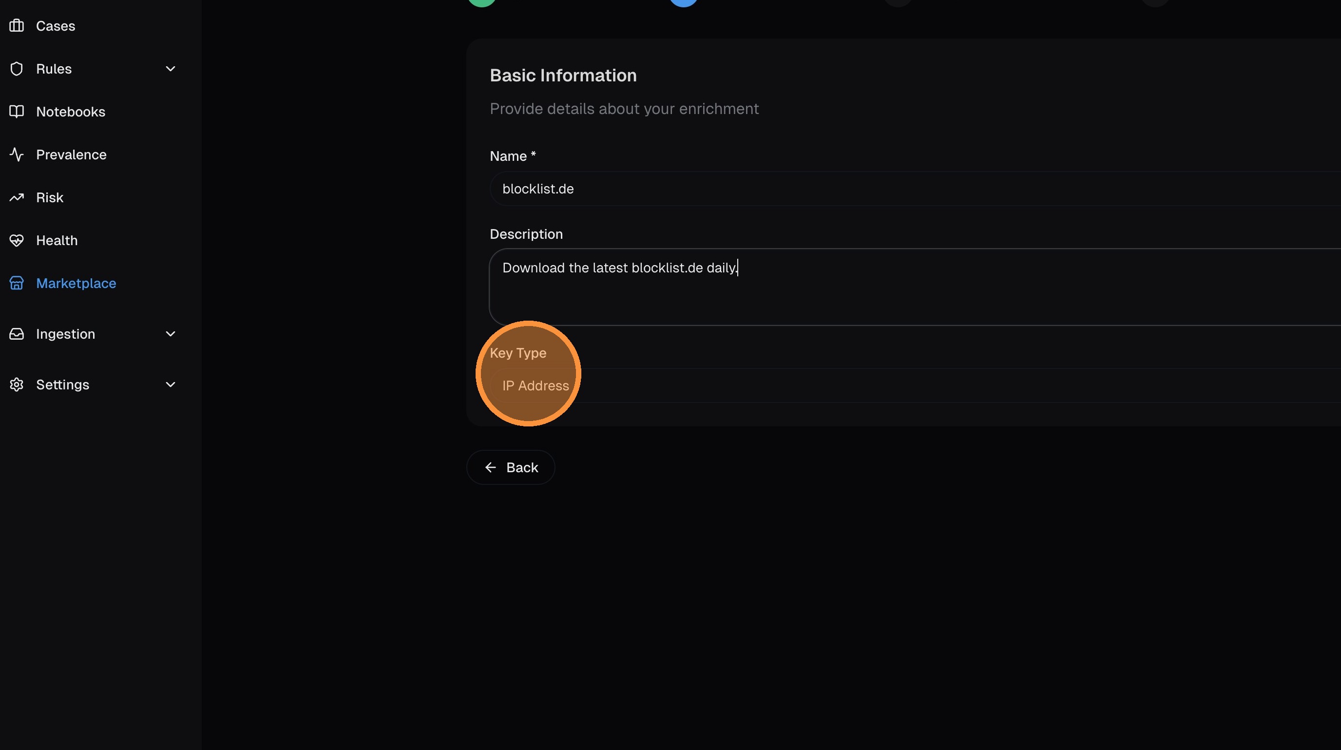 Name, description, and key type fields